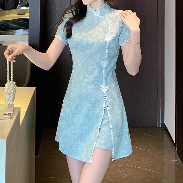 Butterfly Button Slit Cheongsam Dress Shorts Set