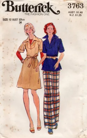 Butterick 3763 Womens Pullover Wide Collar Dress Top & Pants 1970s Vintage Sewing Pattern Size 12 Bust 34 inches UNCUT Factory Folded