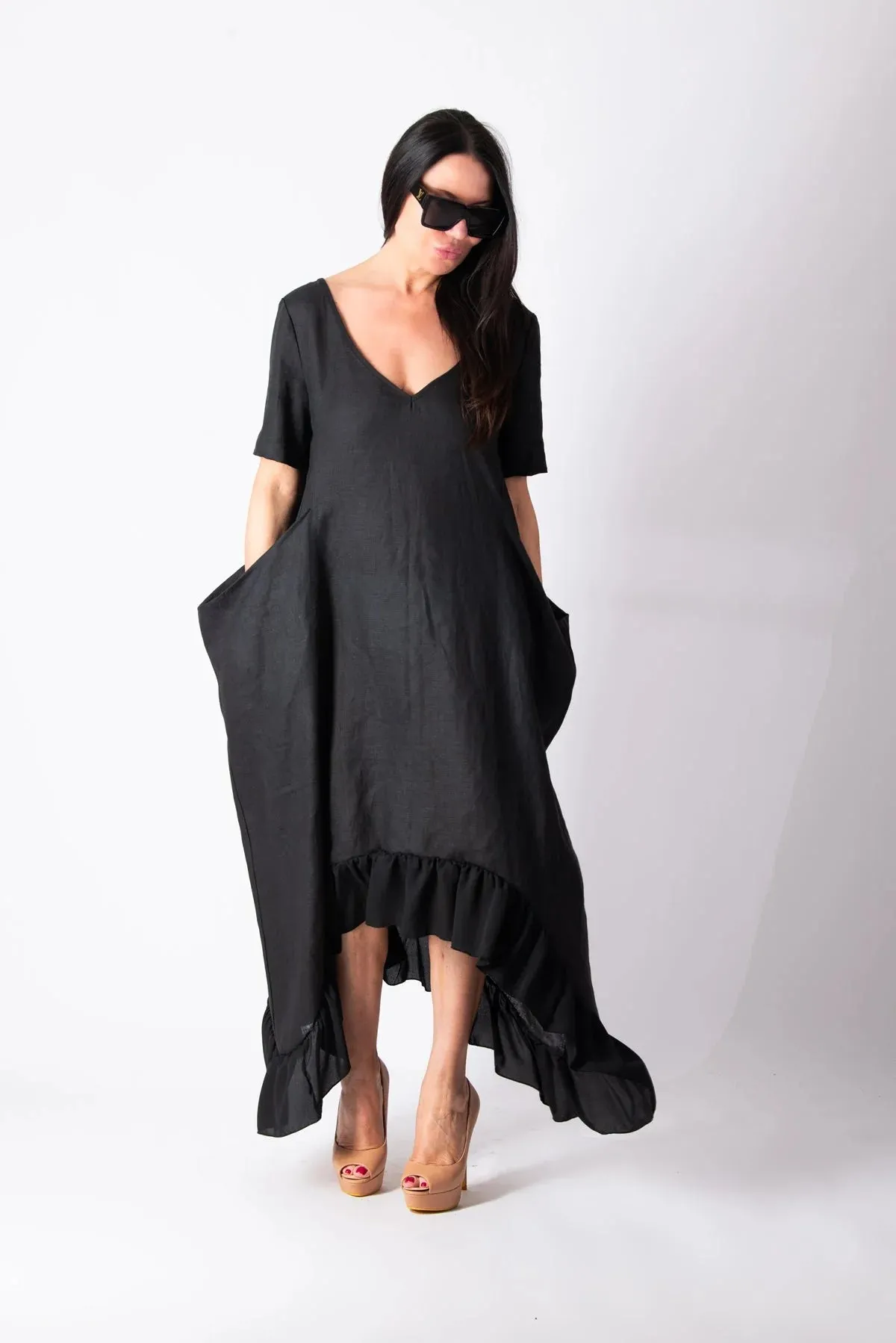 CASABLANCA BLACK WIDE LINEN DRESS