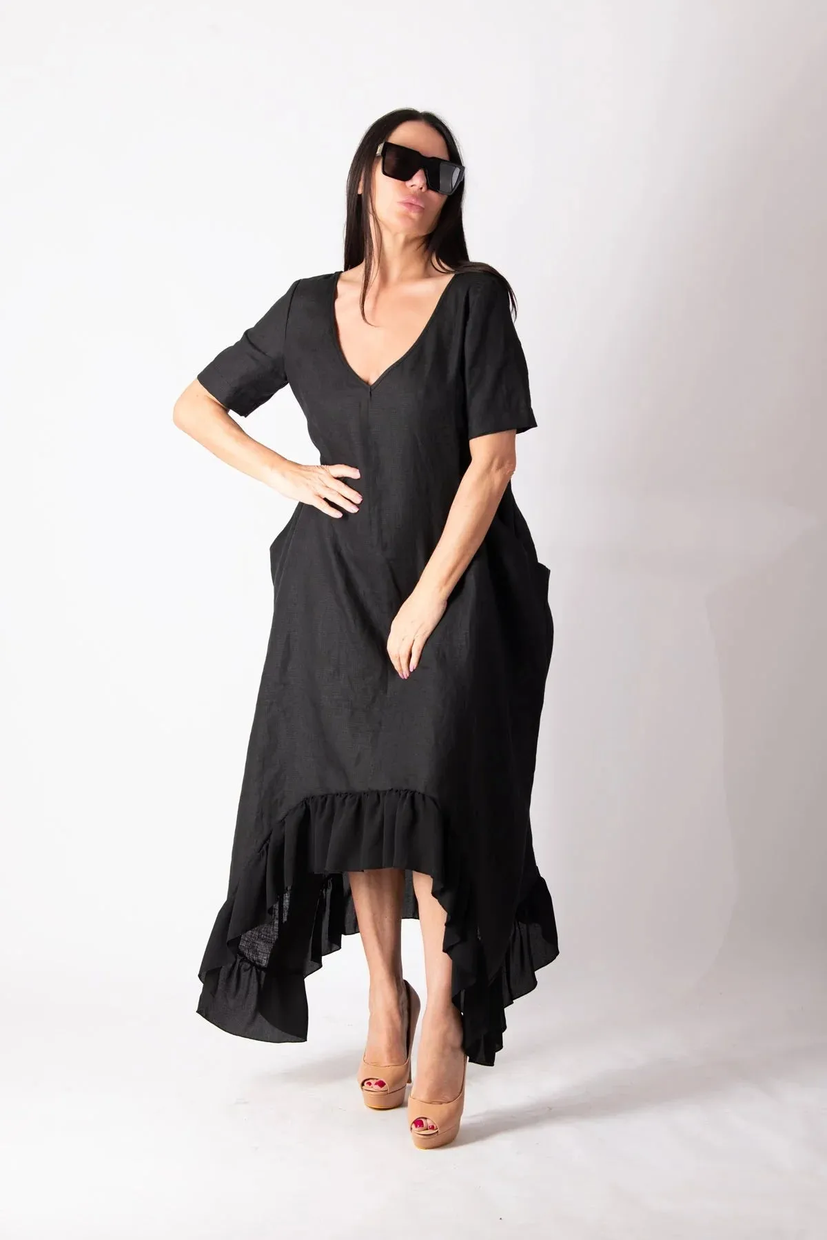 CASABLANCA BLACK WIDE LINEN DRESS