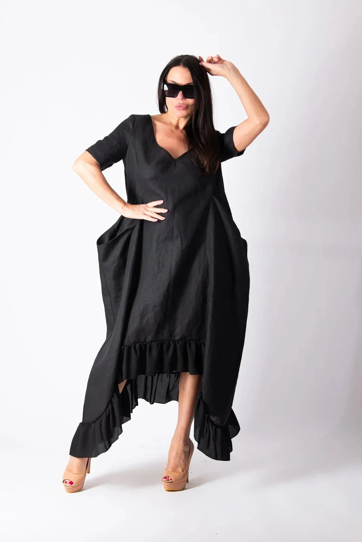 CASABLANCA BLACK WIDE LINEN DRESS