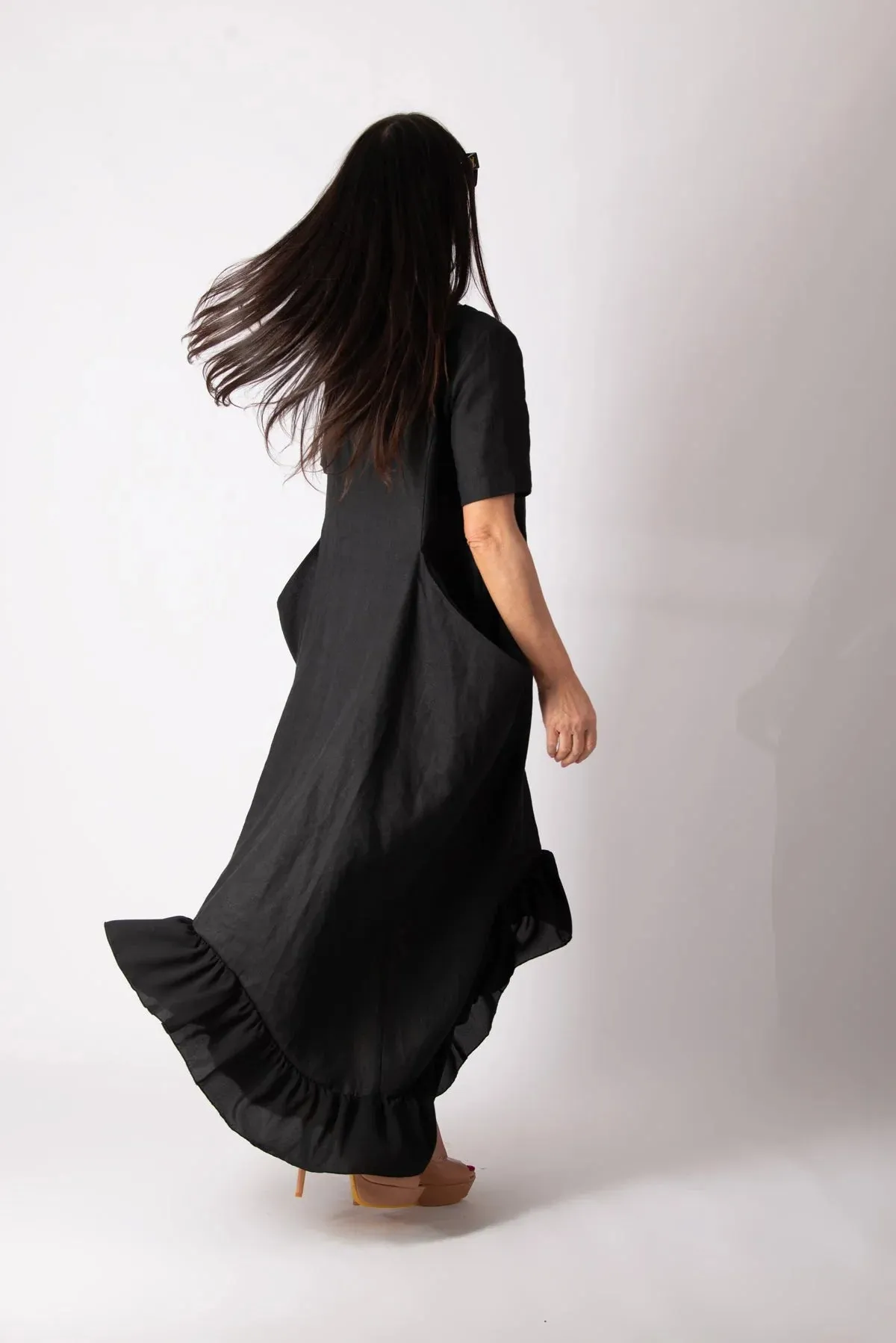 CASABLANCA BLACK WIDE LINEN DRESS