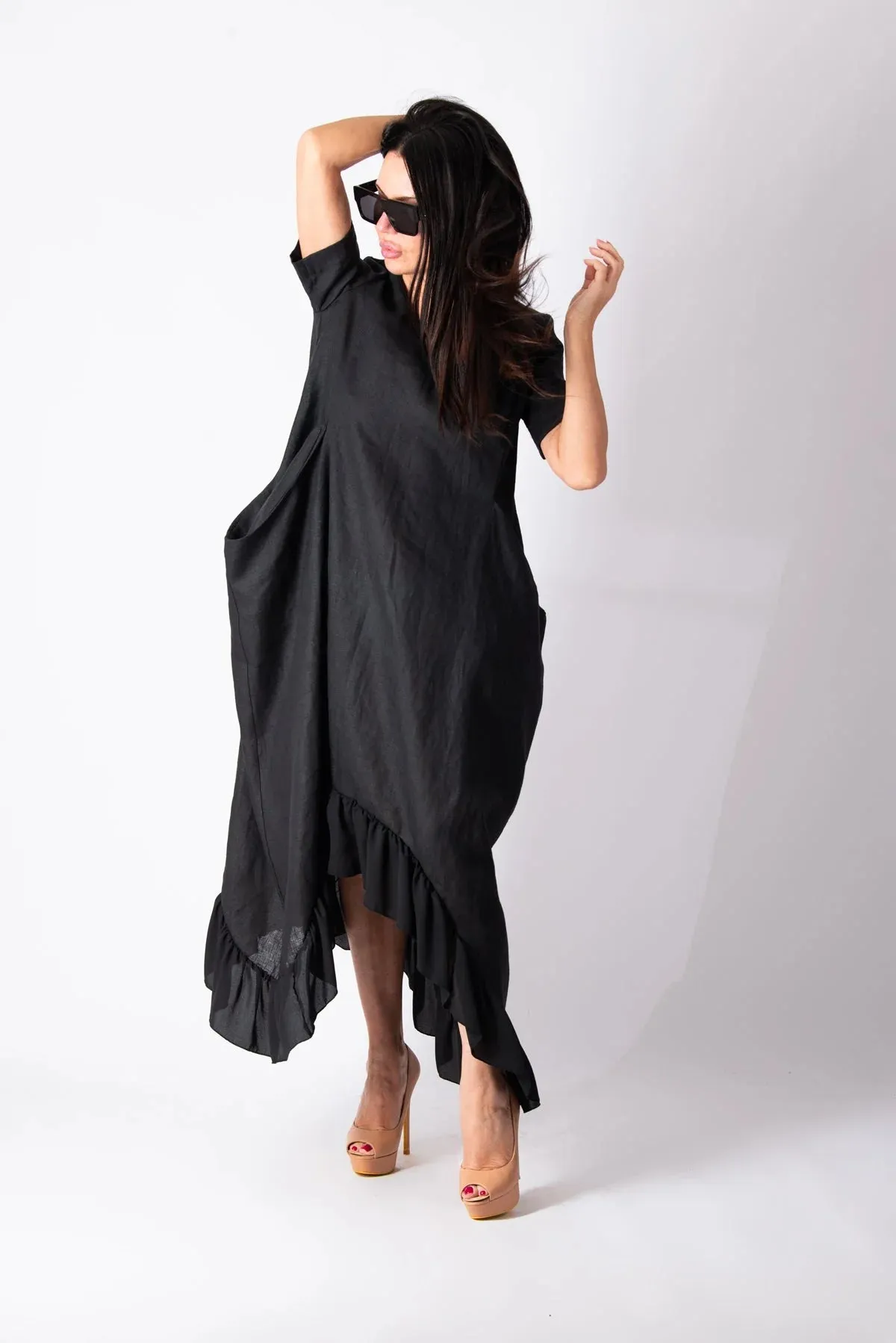 CASABLANCA BLACK WIDE LINEN DRESS