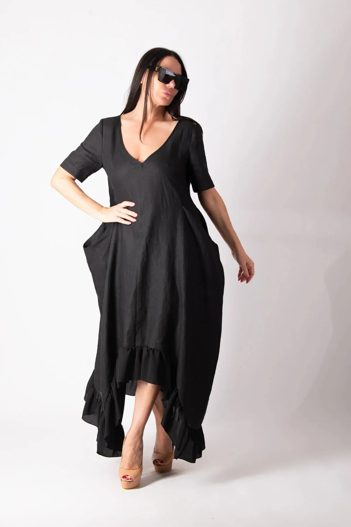 CASABLANCA BLACK WIDE LINEN DRESS