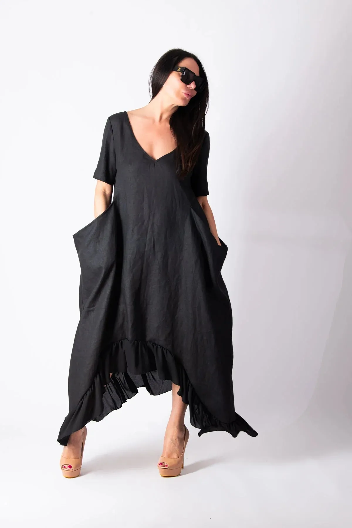 CASABLANCA BLACK WIDE LINEN DRESS