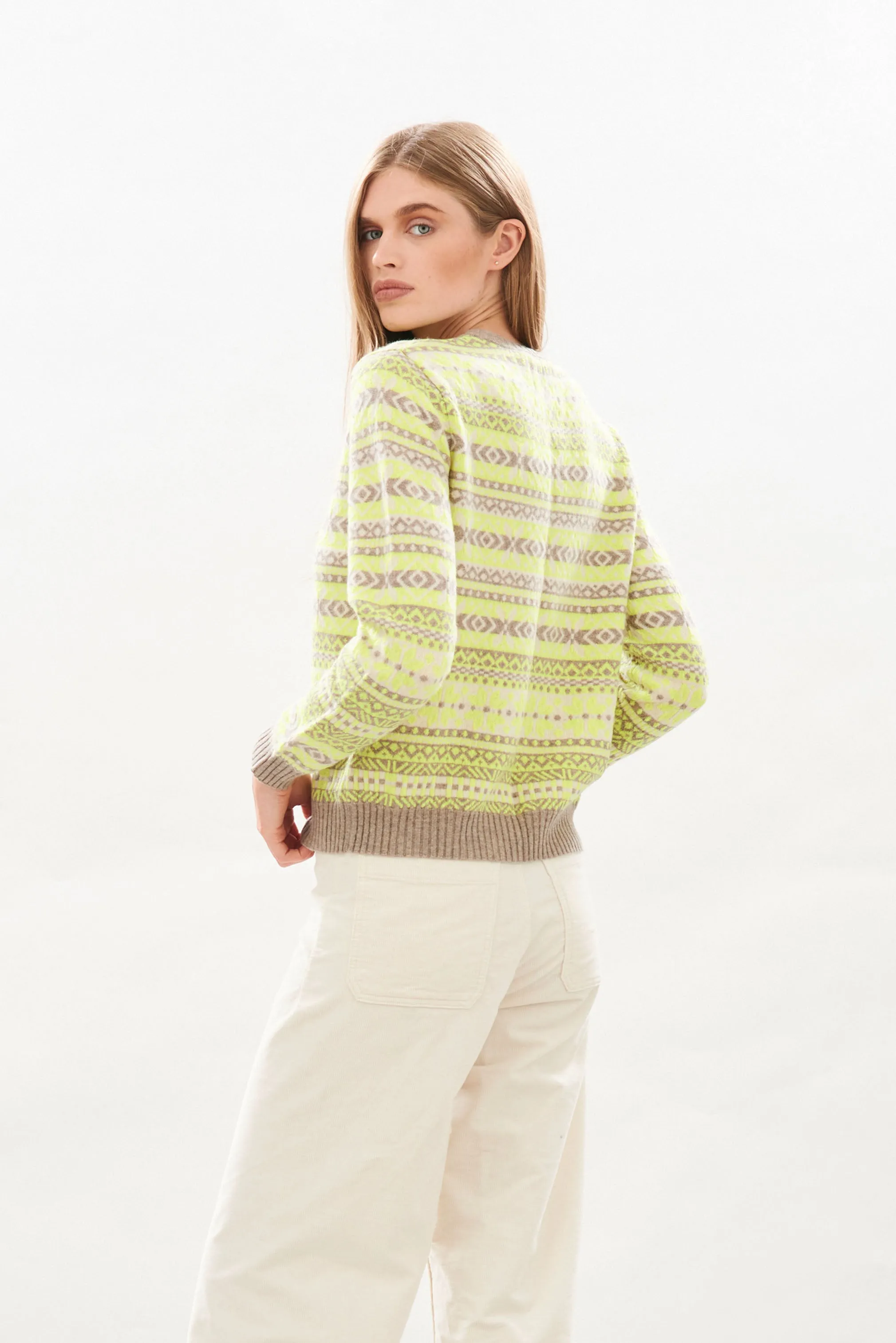 Cashmere Tonal Fair Isle Crew in Organic Light Brown and Neon Yellow