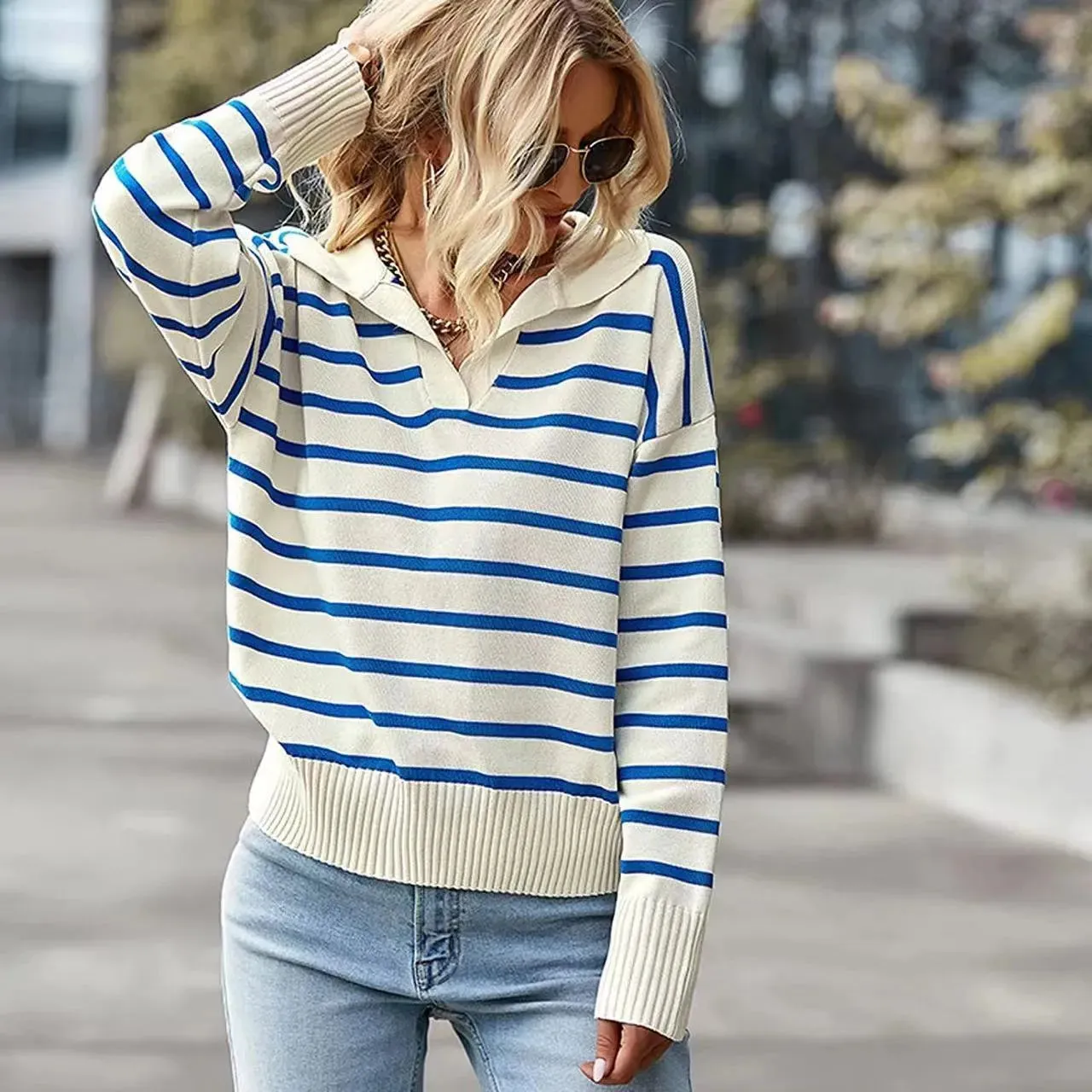 Casual V-neck  Sweater Fashion Long Sleeve Tops