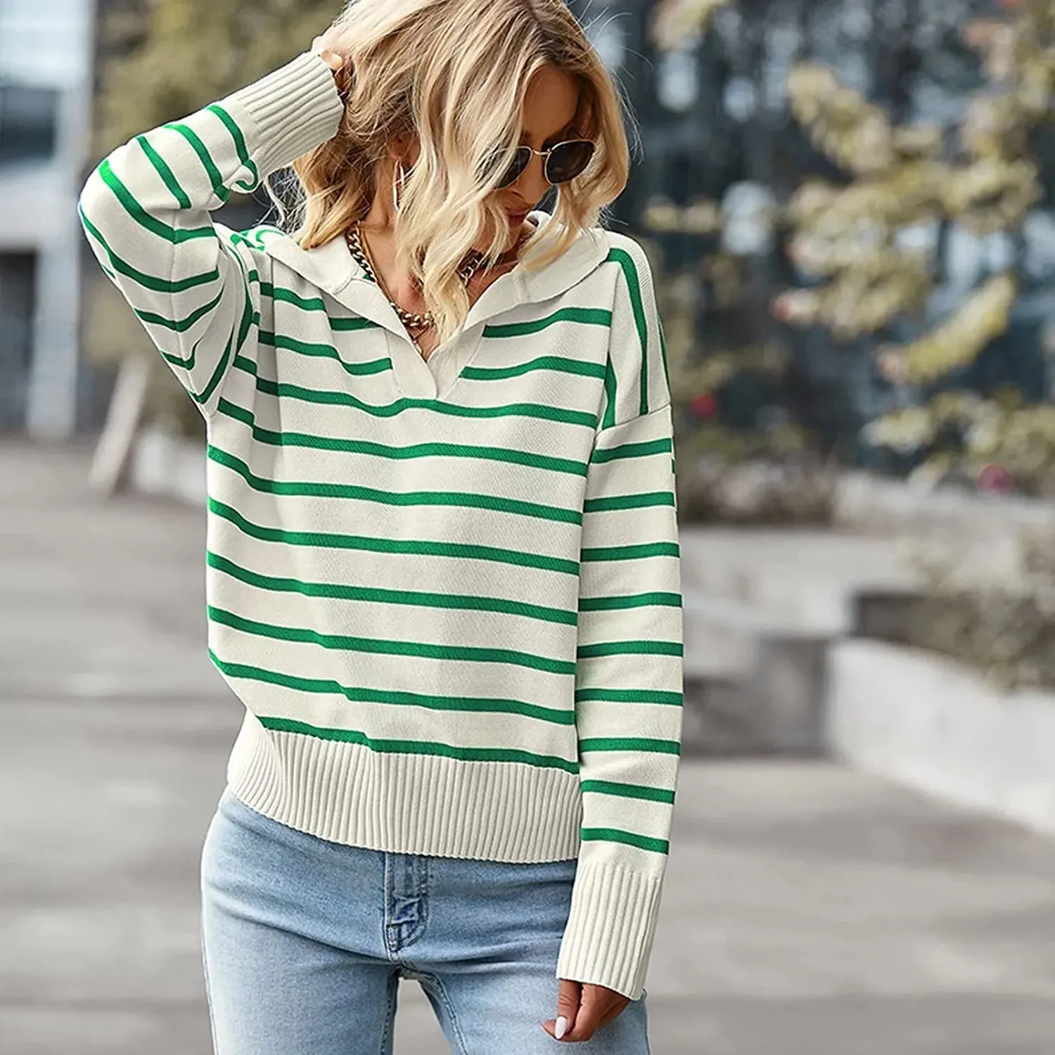 Casual V-neck  Sweater Fashion Long Sleeve Tops