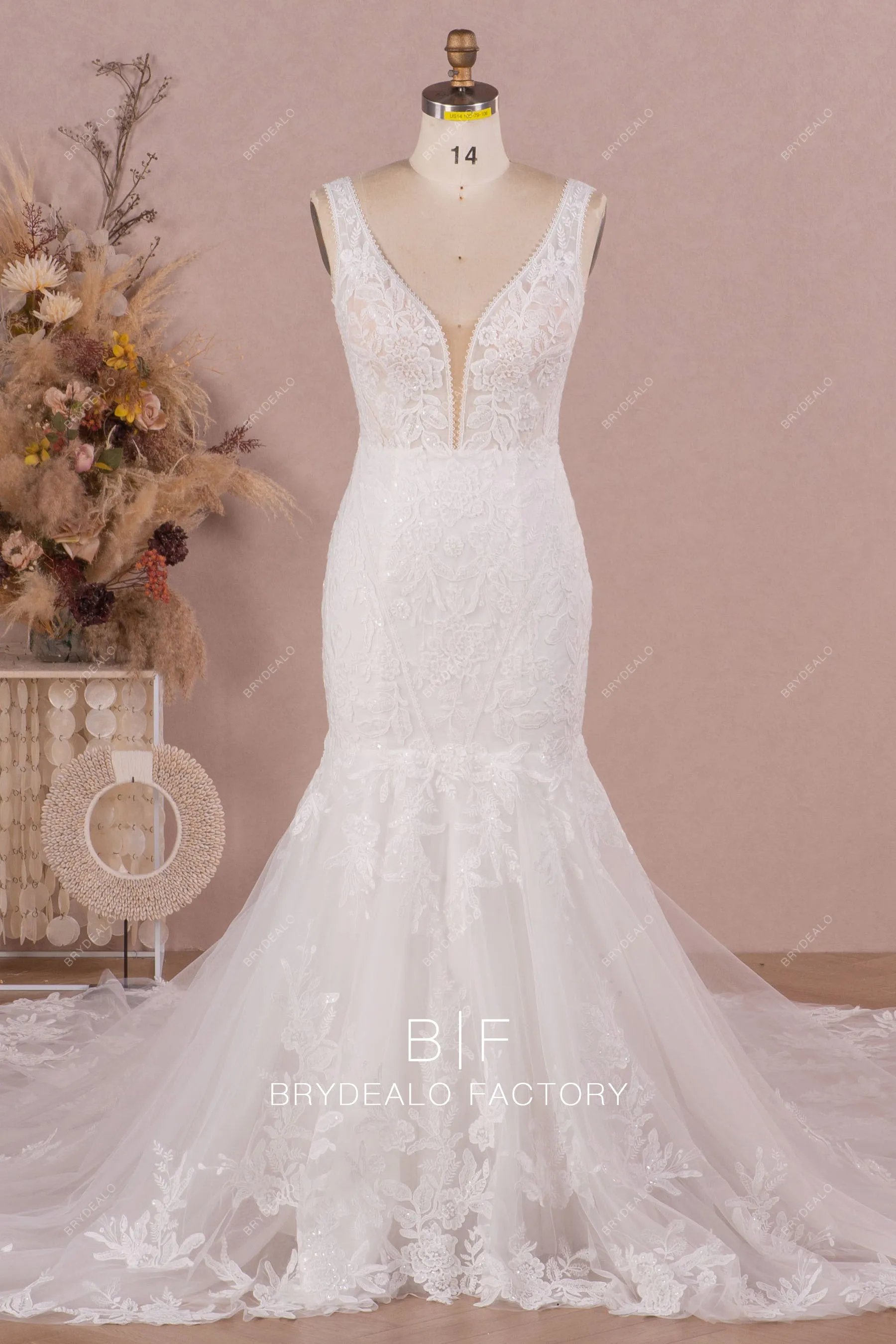 Cathedral Train Lace Mermaid Wedding Dress with Illusion Bodice