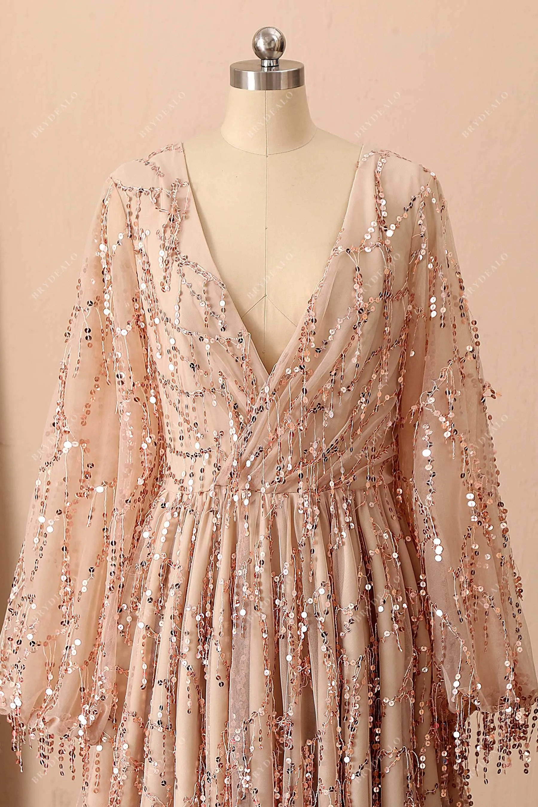 Champagne Sequin Tassel Plus Size Long Prom Dress