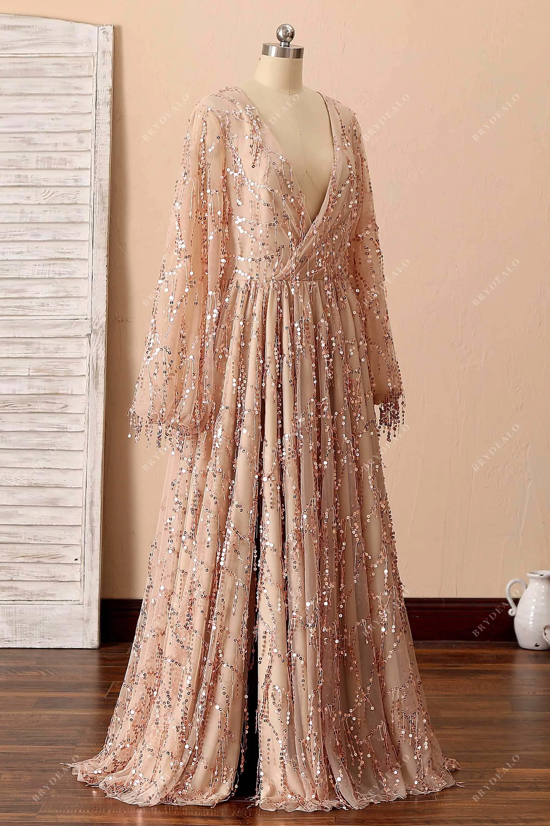 Champagne Sequin Tassel Plus Size Long Prom Dress