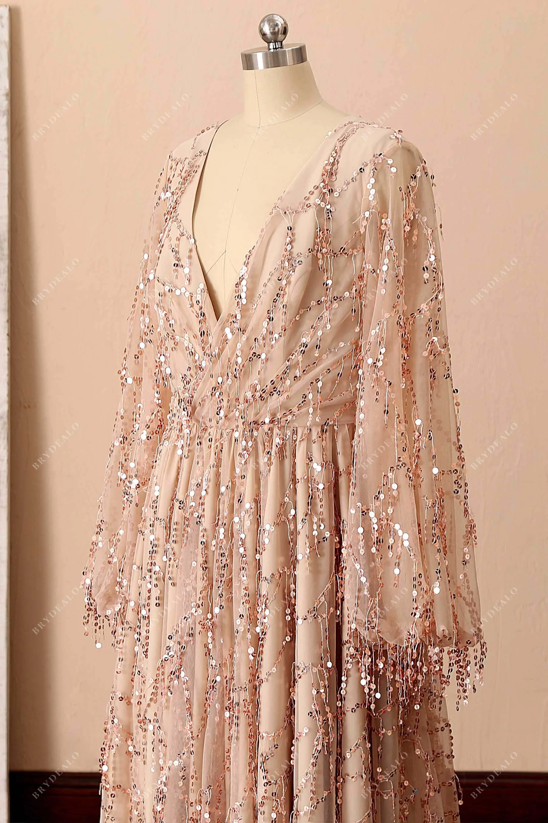 Champagne Sequin Tassel Plus Size Long Prom Dress