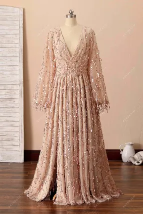 Champagne Sequin Tassel Plus Size Long Prom Dress