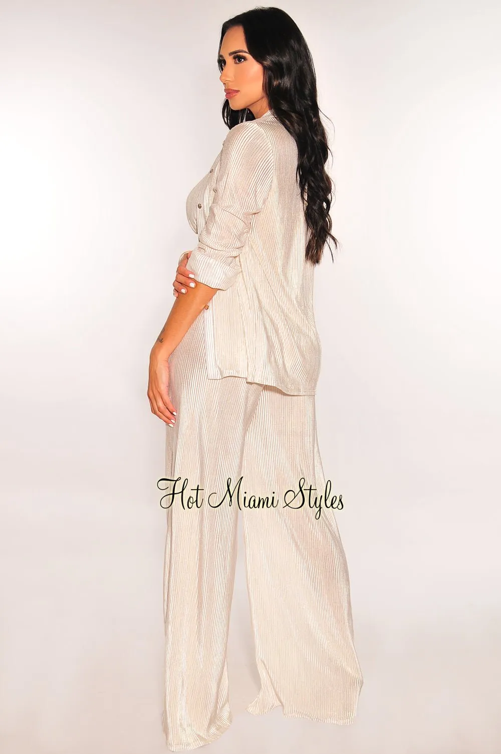 Champagne Shimmery Ribbed Halter Triangle Cut Top High Waist Wide Leg Pants Long Sleeves Button Down Three Piece Set