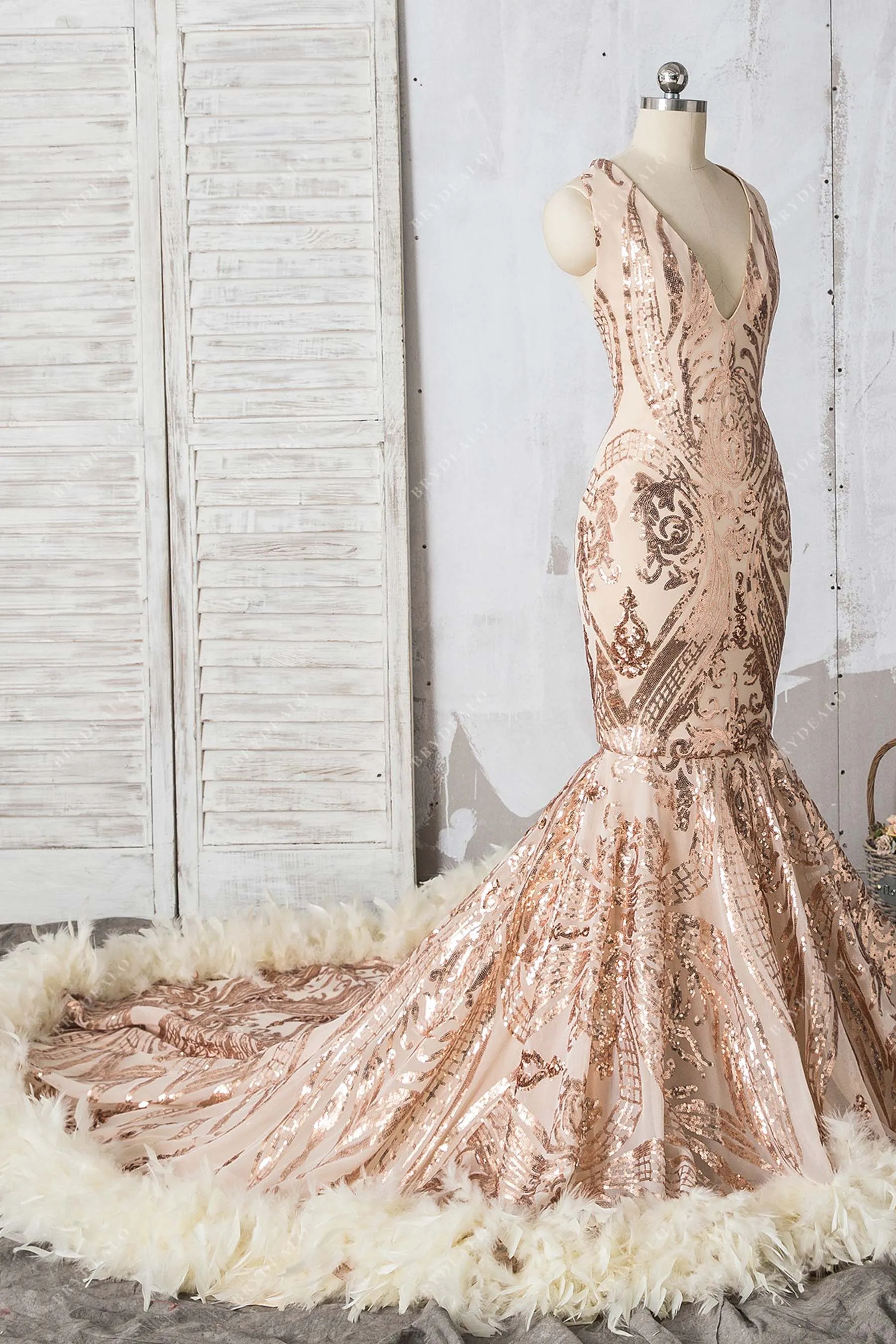 Champagne Unique Sequin and Feather Trumpet Prom Dress