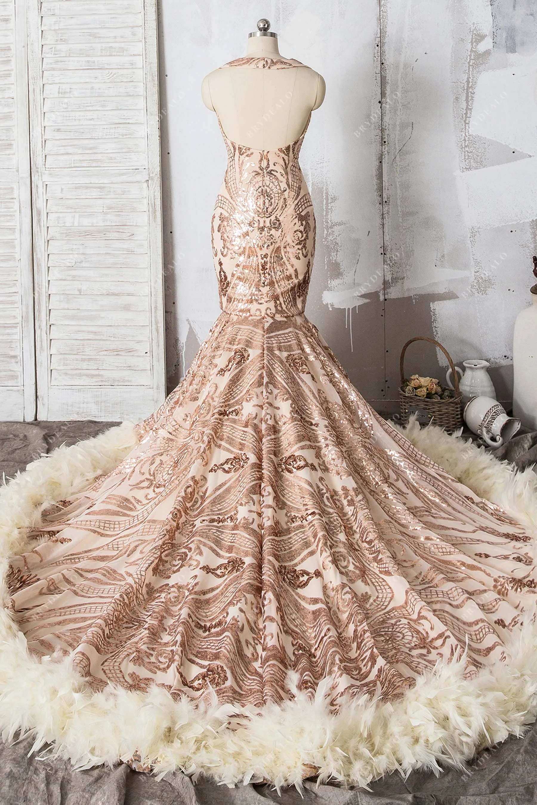 Champagne Unique Sequin and Feather Trumpet Prom Dress