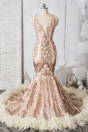 Champagne Unique Sequin and Feather Trumpet Prom Dress