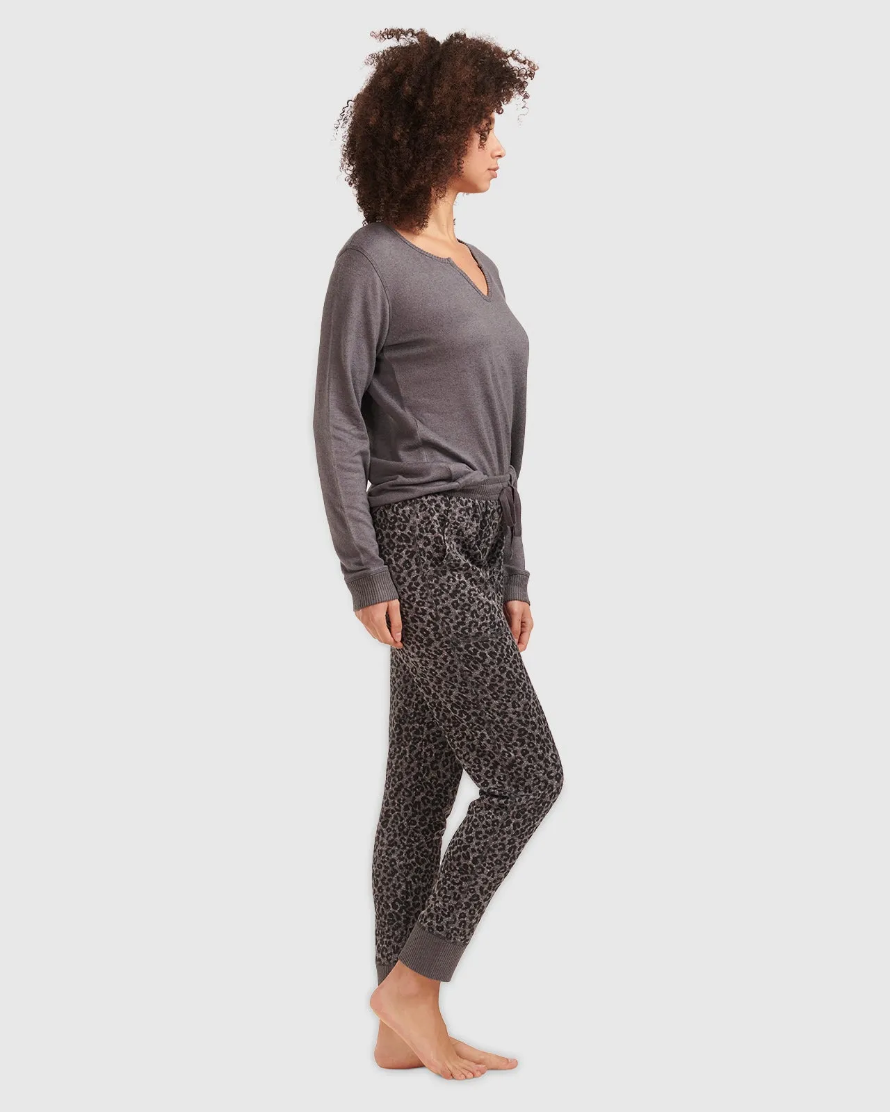 Charcoal Animal Print Split Neck Pullover PJ Set