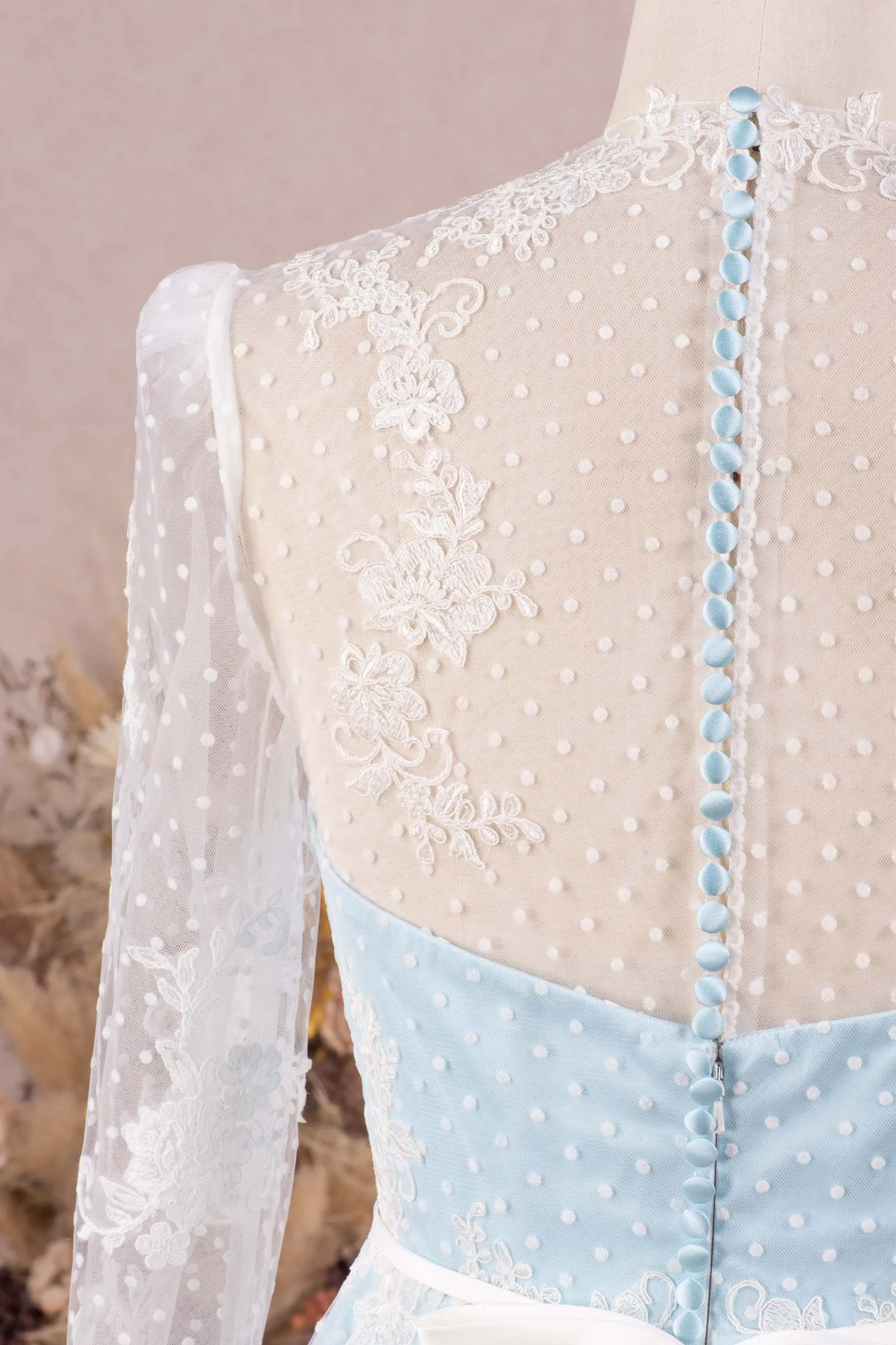 Chic Lace Queen Anne Sky Blue Tea Length Casual Bridal Dress