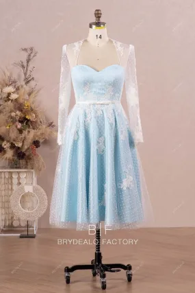 Chic Lace Queen Anne Sky Blue Tea Length Casual Bridal Dress