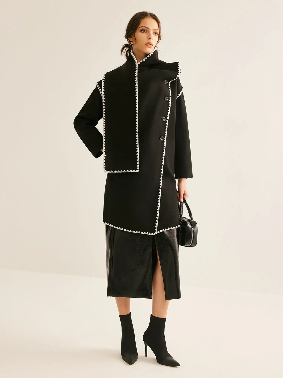 Chicmy-Asymmetrical Tweed Contrast Trim Coat