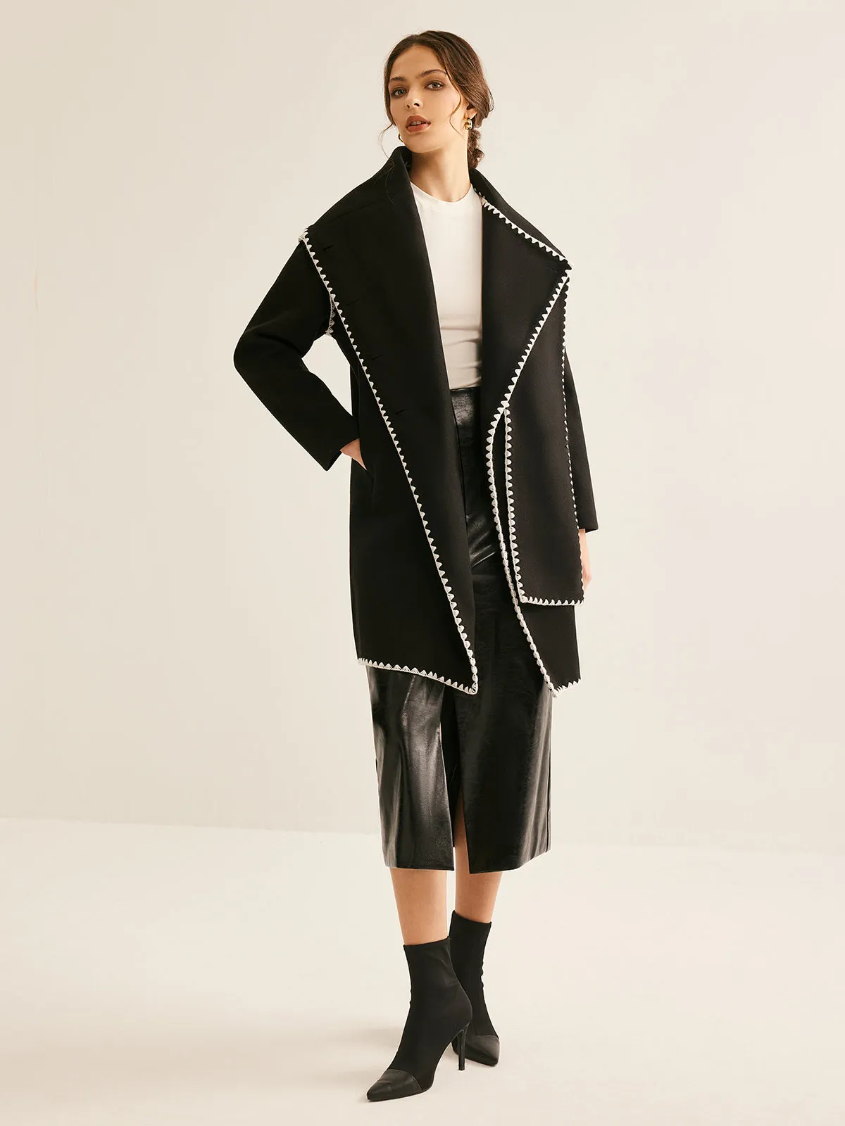 Chicmy-Asymmetrical Tweed Contrast Trim Coat