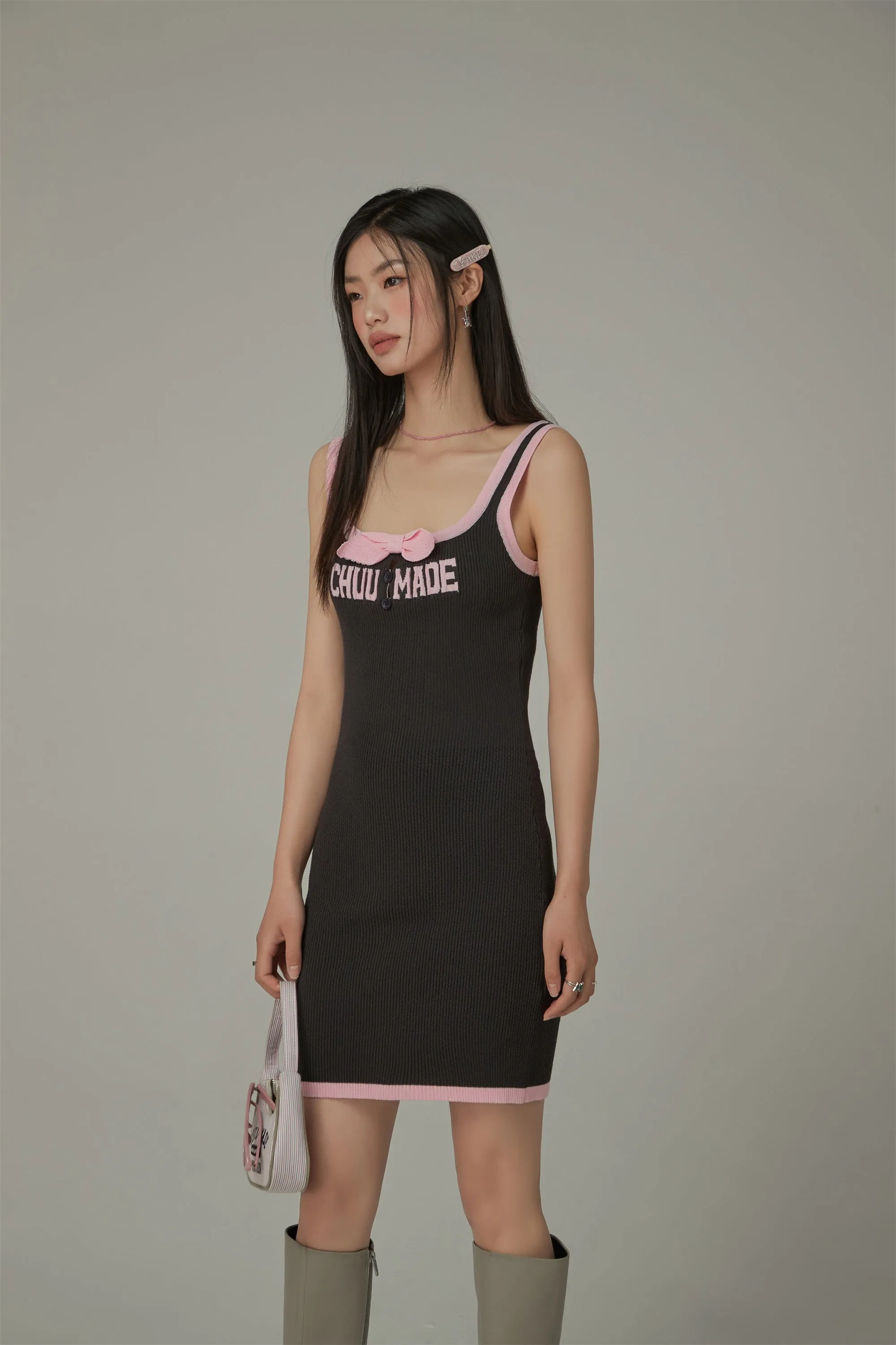 Color Line Ribbon Sleeveless Knit Mini Dress