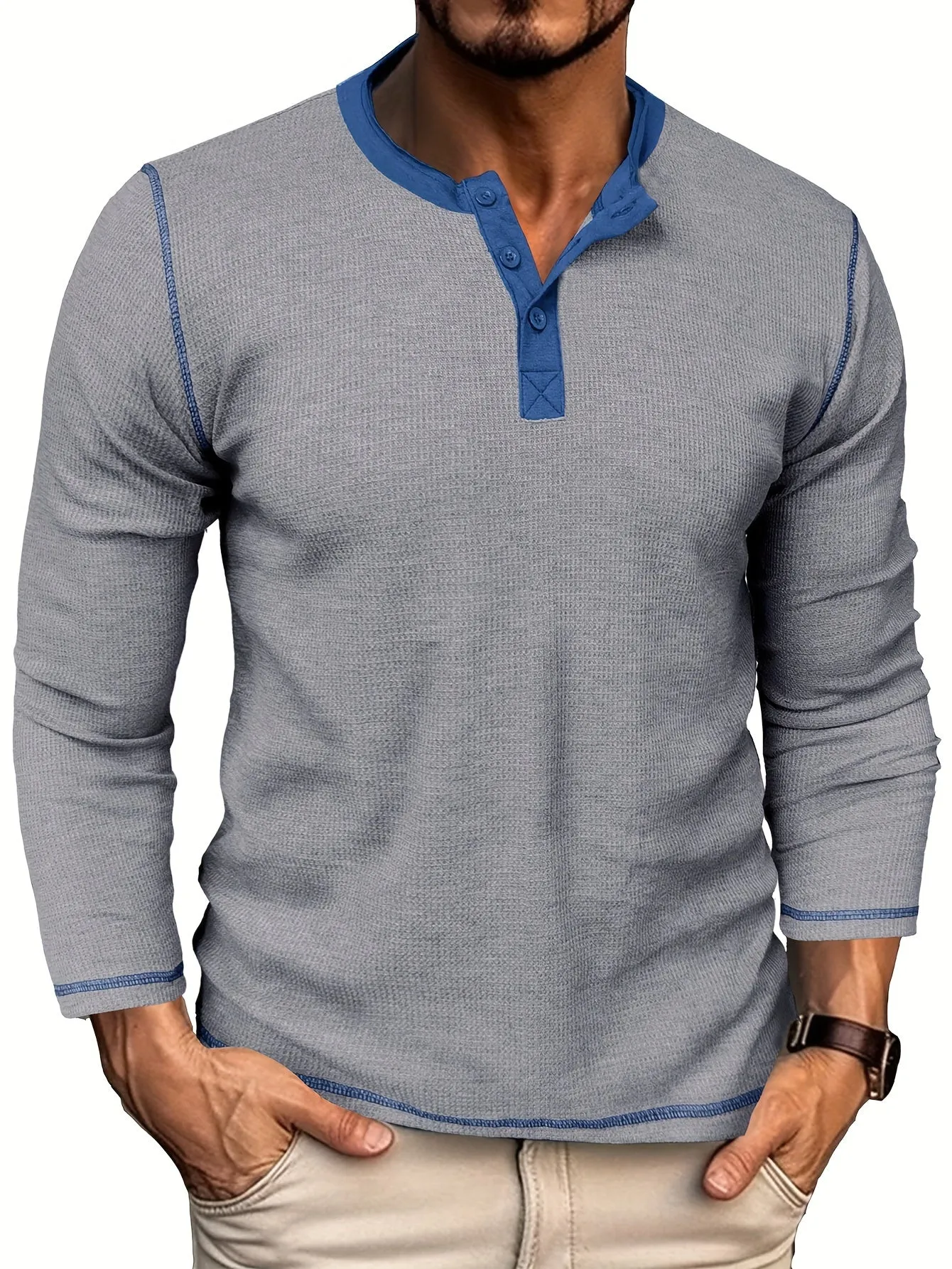 Comfort - Heren Wafelgebreide Lange Mouw Henley Shirt met Contrasterende Stiksels