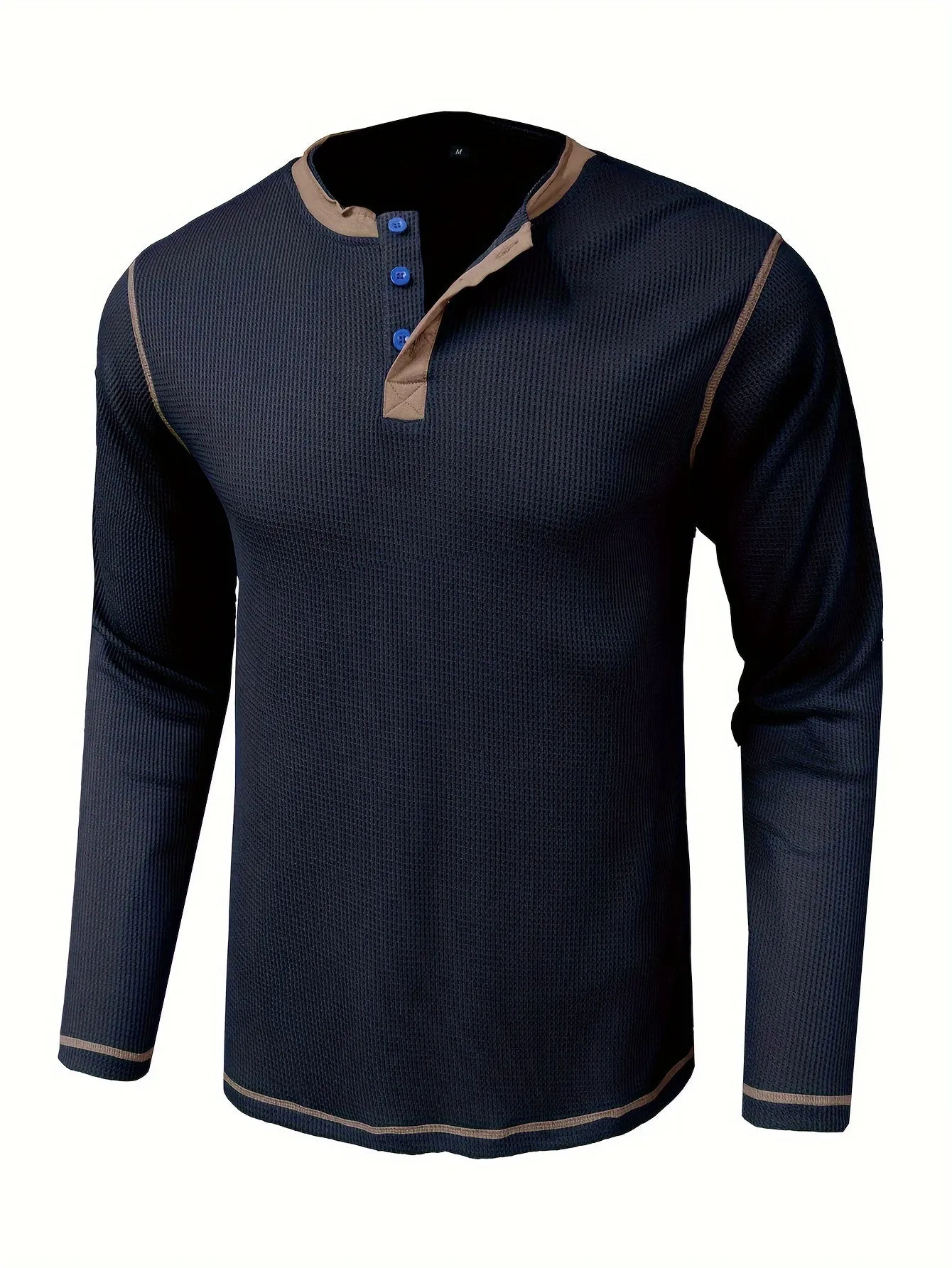 Comfort - Heren Wafelgebreide Lange Mouw Henley Shirt met Contrasterende Stiksels