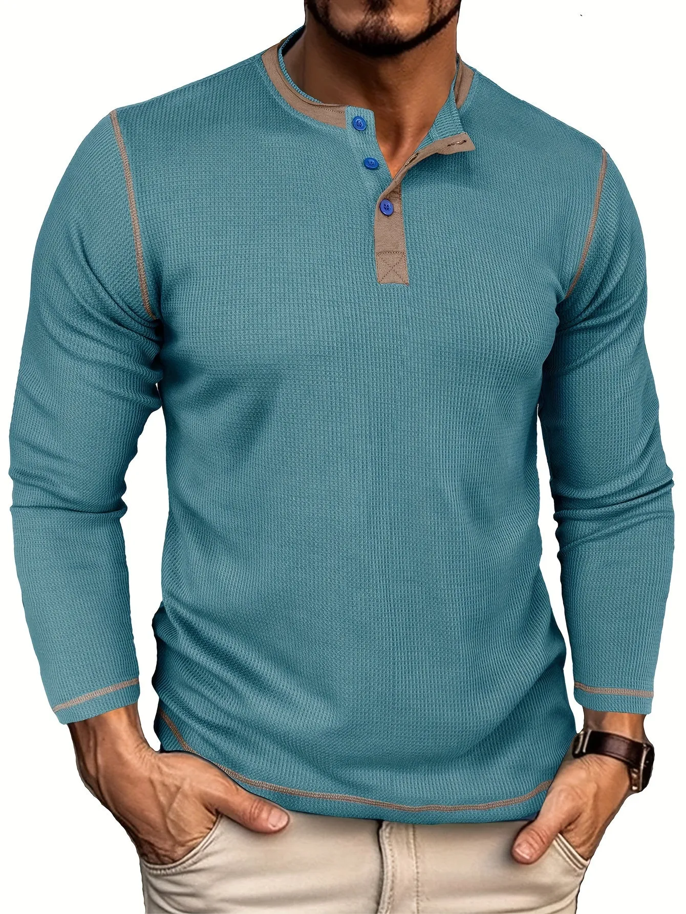 Comfort - Heren Wafelgebreide Lange Mouw Henley Shirt met Contrasterende Stiksels