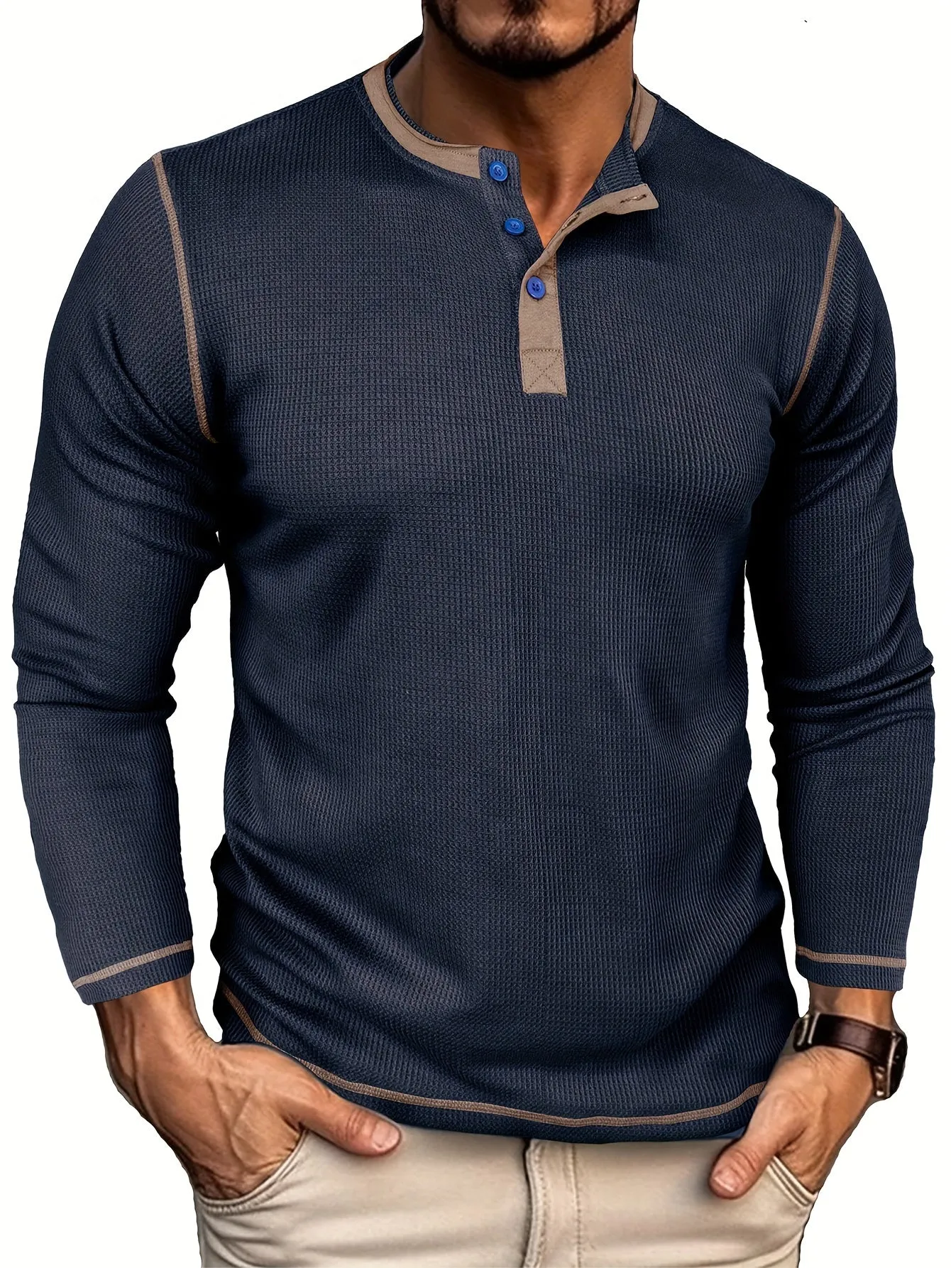 Comfort - Heren Wafelgebreide Lange Mouw Henley Shirt met Contrasterende Stiksels