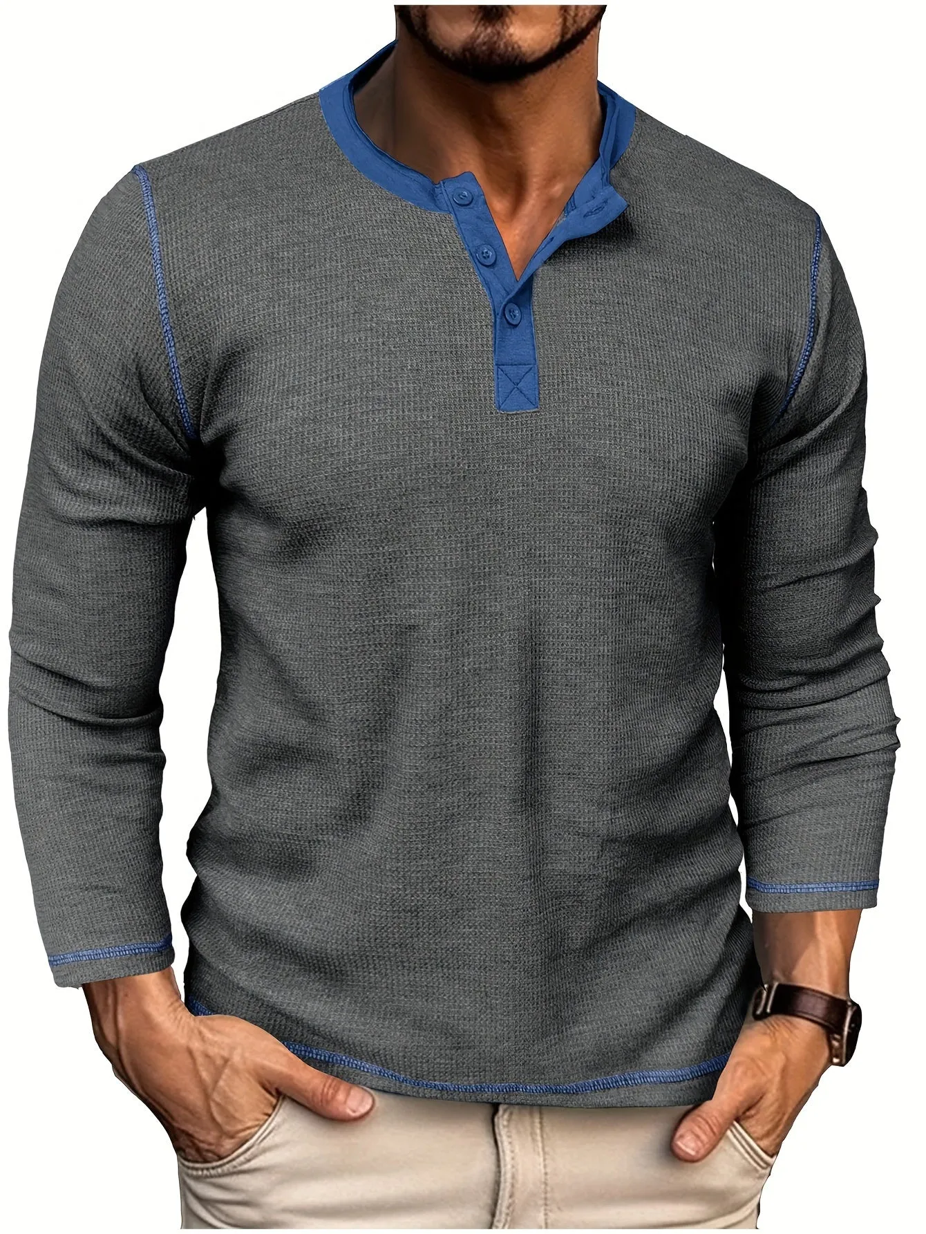 Comfort - Heren Wafelgebreide Lange Mouw Henley Shirt met Contrasterende Stiksels