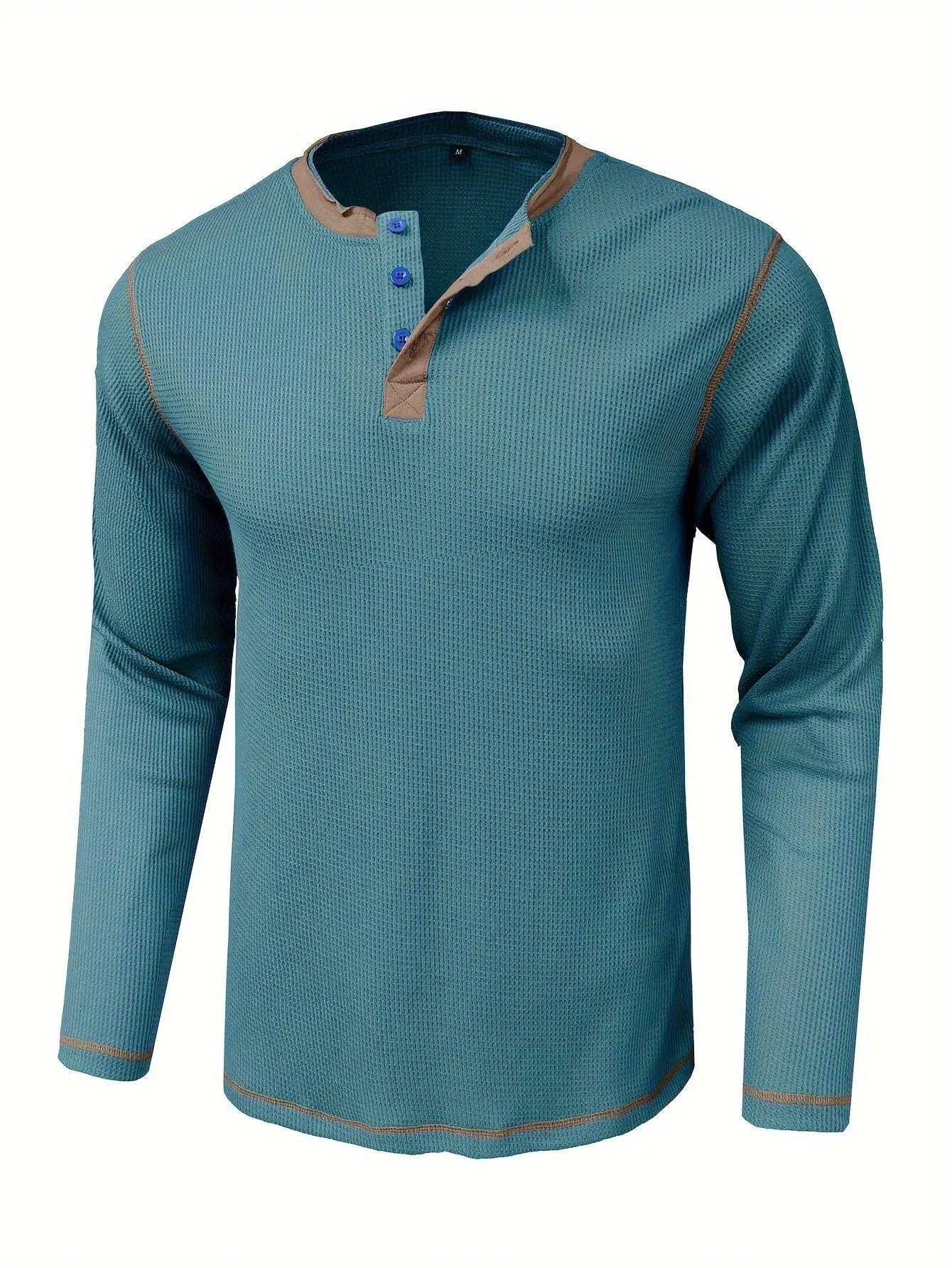 Comfort - Heren Wafelgebreide Lange Mouw Henley Shirt met Contrasterende Stiksels