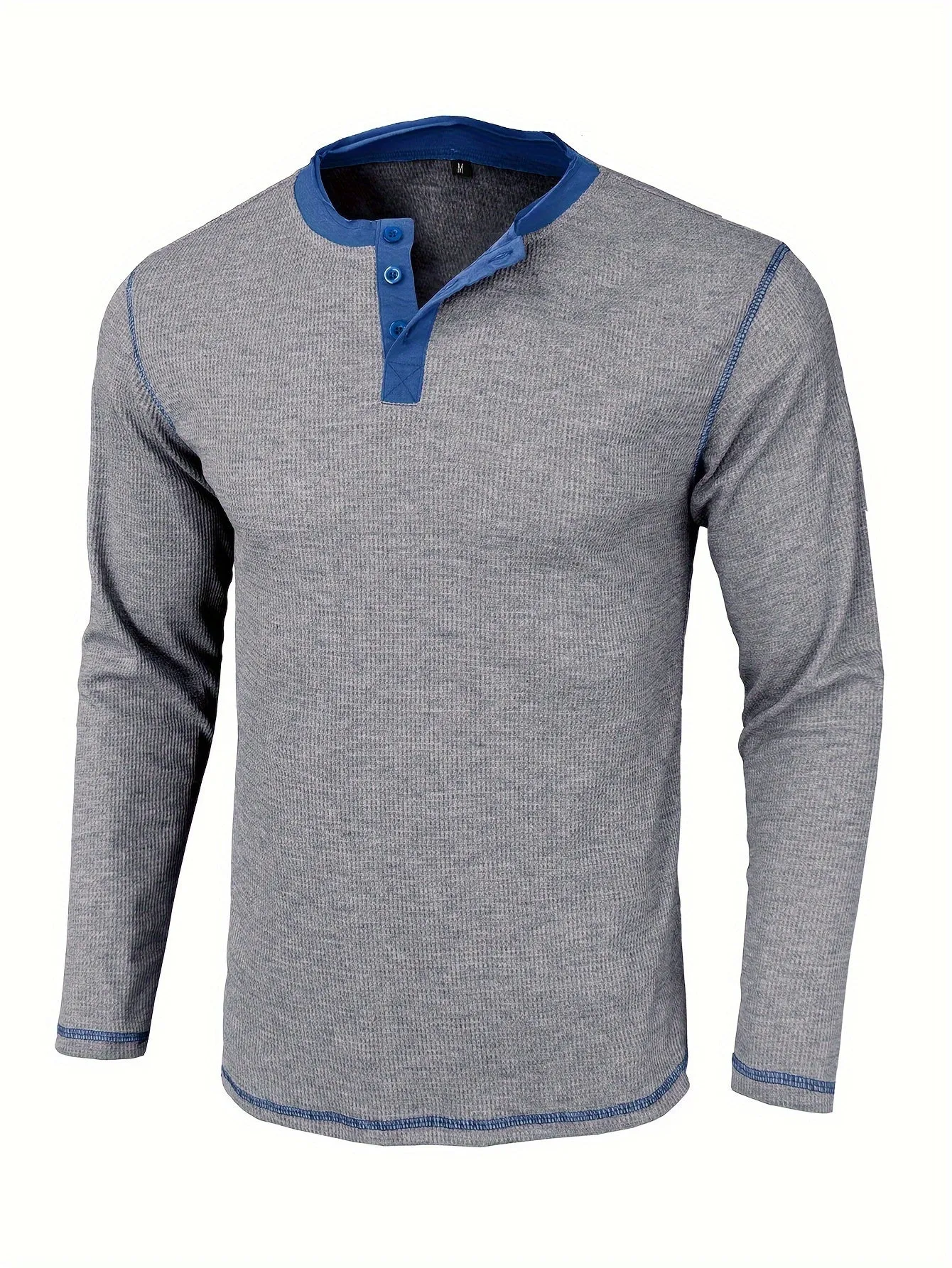 Comfort - Heren Wafelgebreide Lange Mouw Henley Shirt met Contrasterende Stiksels