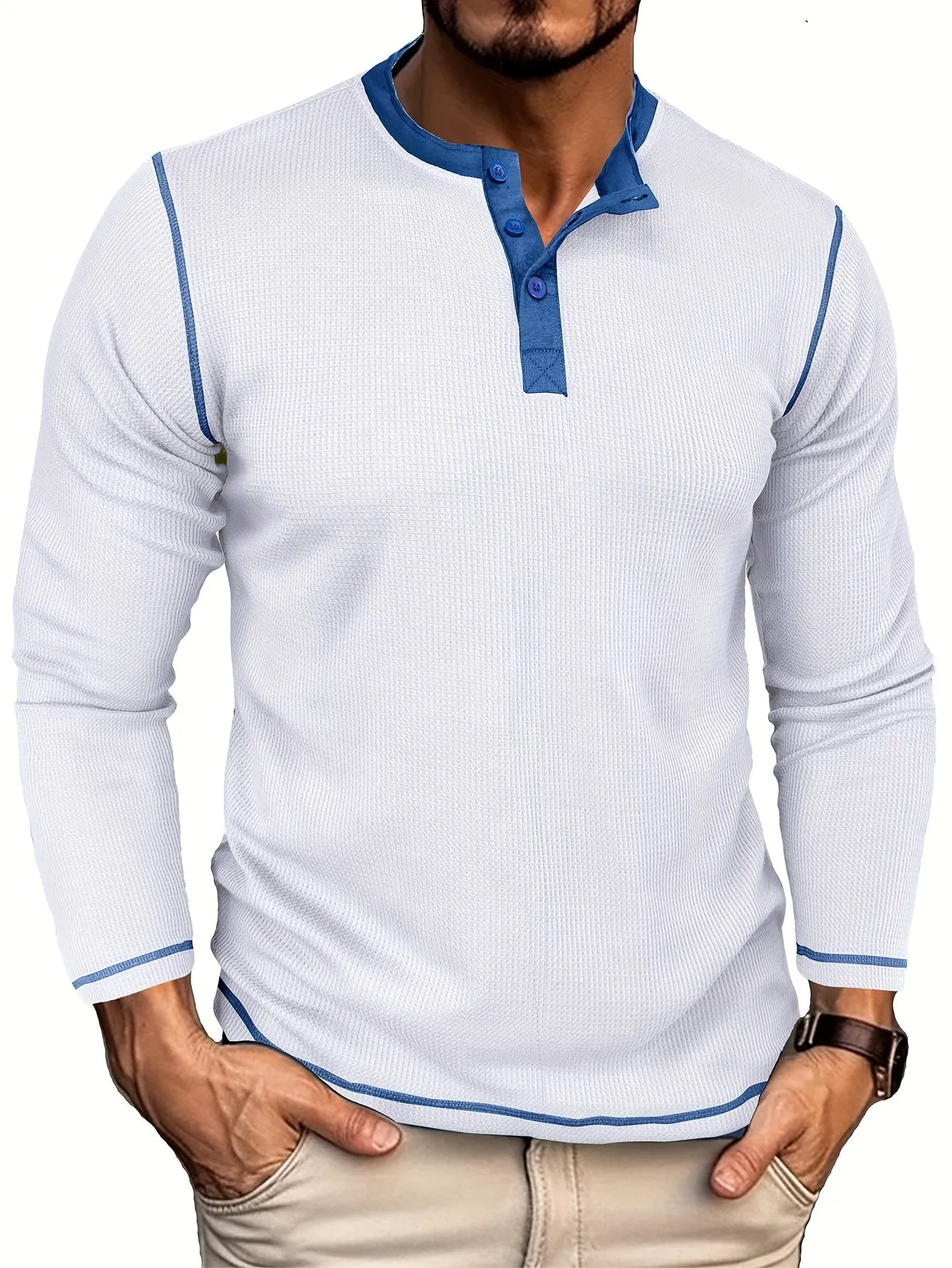 Comfort - Heren Wafelgebreide Lange Mouw Henley Shirt met Contrasterende Stiksels