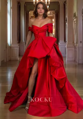 Couture & Ornate Off-Shoulder A-Line Split Satin Evening Party Prom Dress