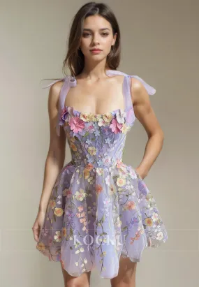 Couture & Ornate Square Straps Flower Appliques Party Homecoming Dress