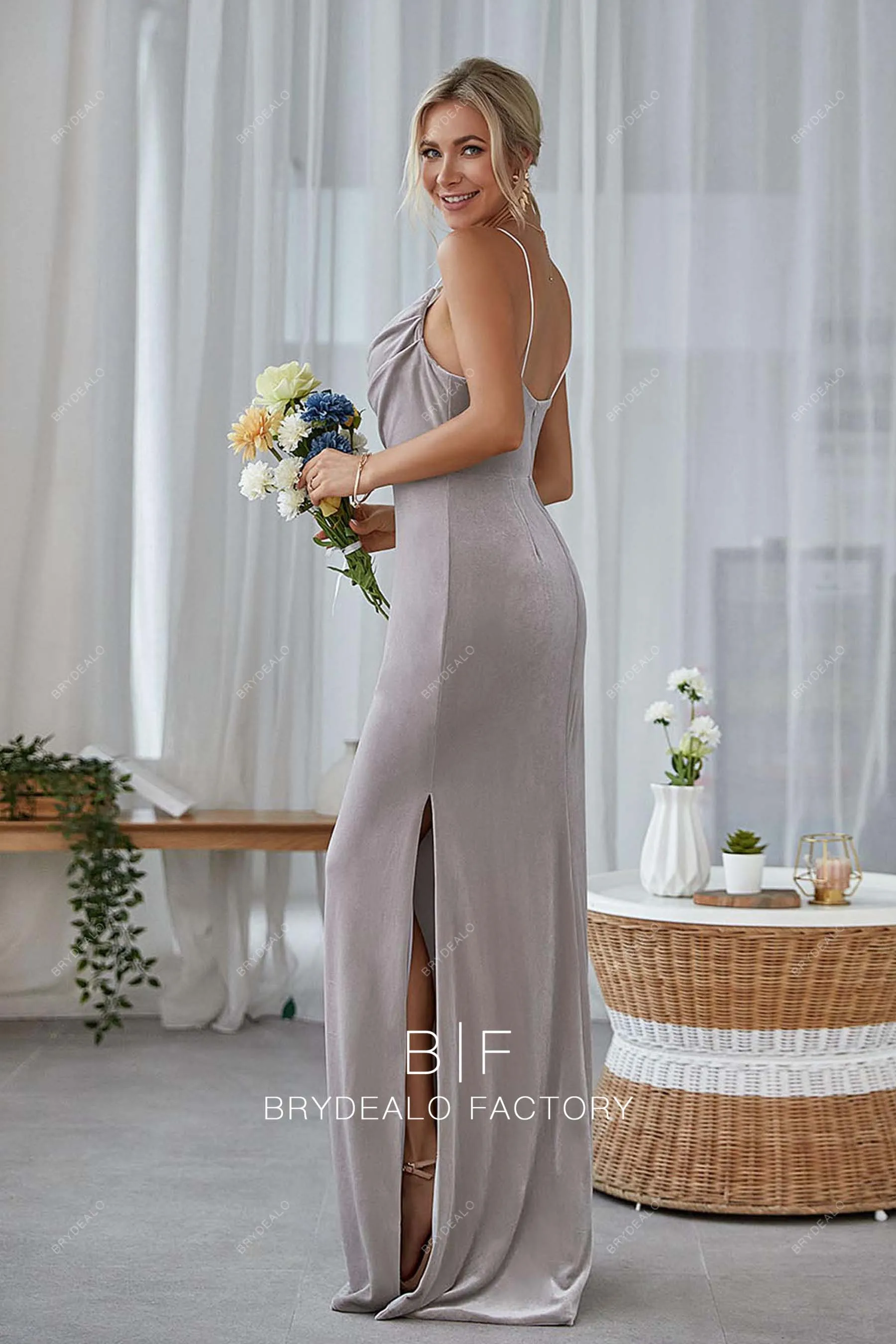 Cowl Neck Grey Velvet Slit Column Floor Length Prom Bridesmaid Dress