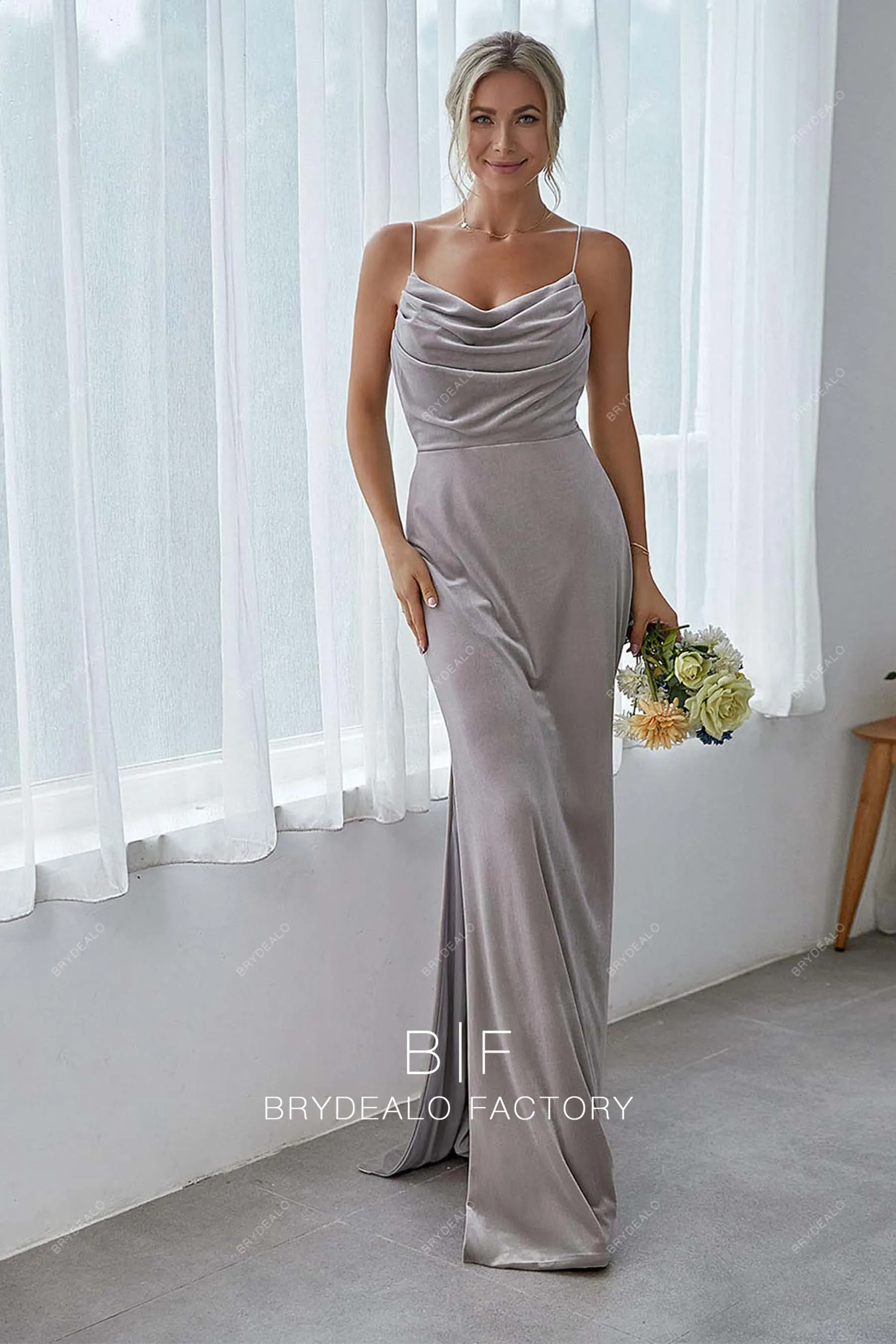 Cowl Neck Grey Velvet Slit Column Floor Length Prom Bridesmaid Dress