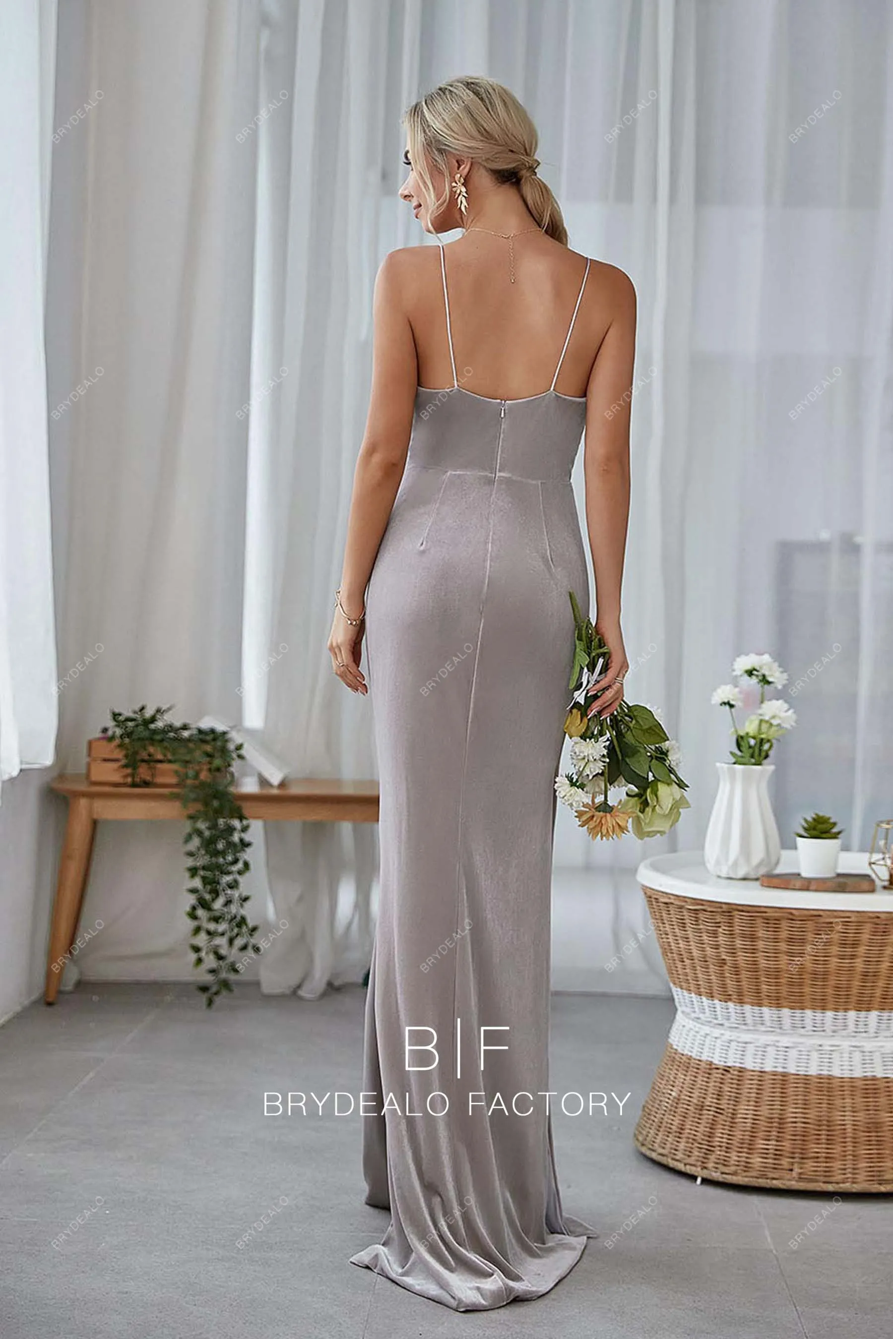 Cowl Neck Grey Velvet Slit Column Floor Length Prom Bridesmaid Dress