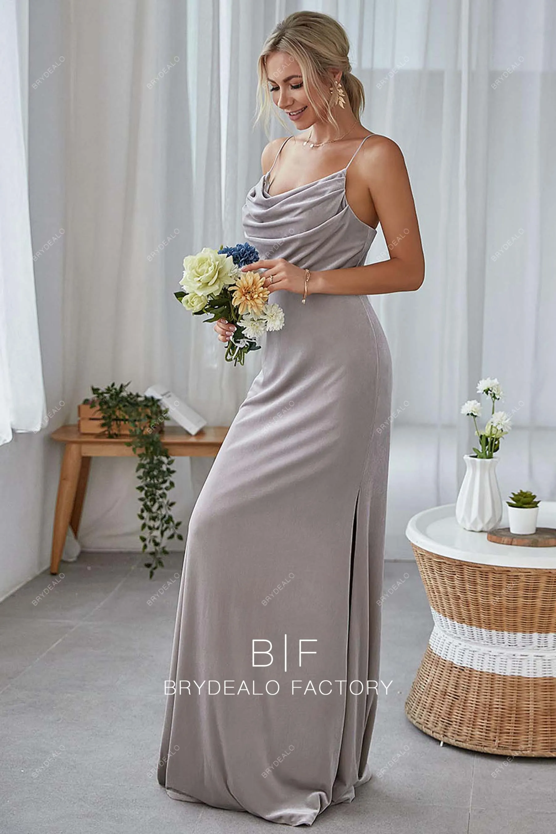 Cowl Neck Grey Velvet Slit Column Floor Length Prom Bridesmaid Dress