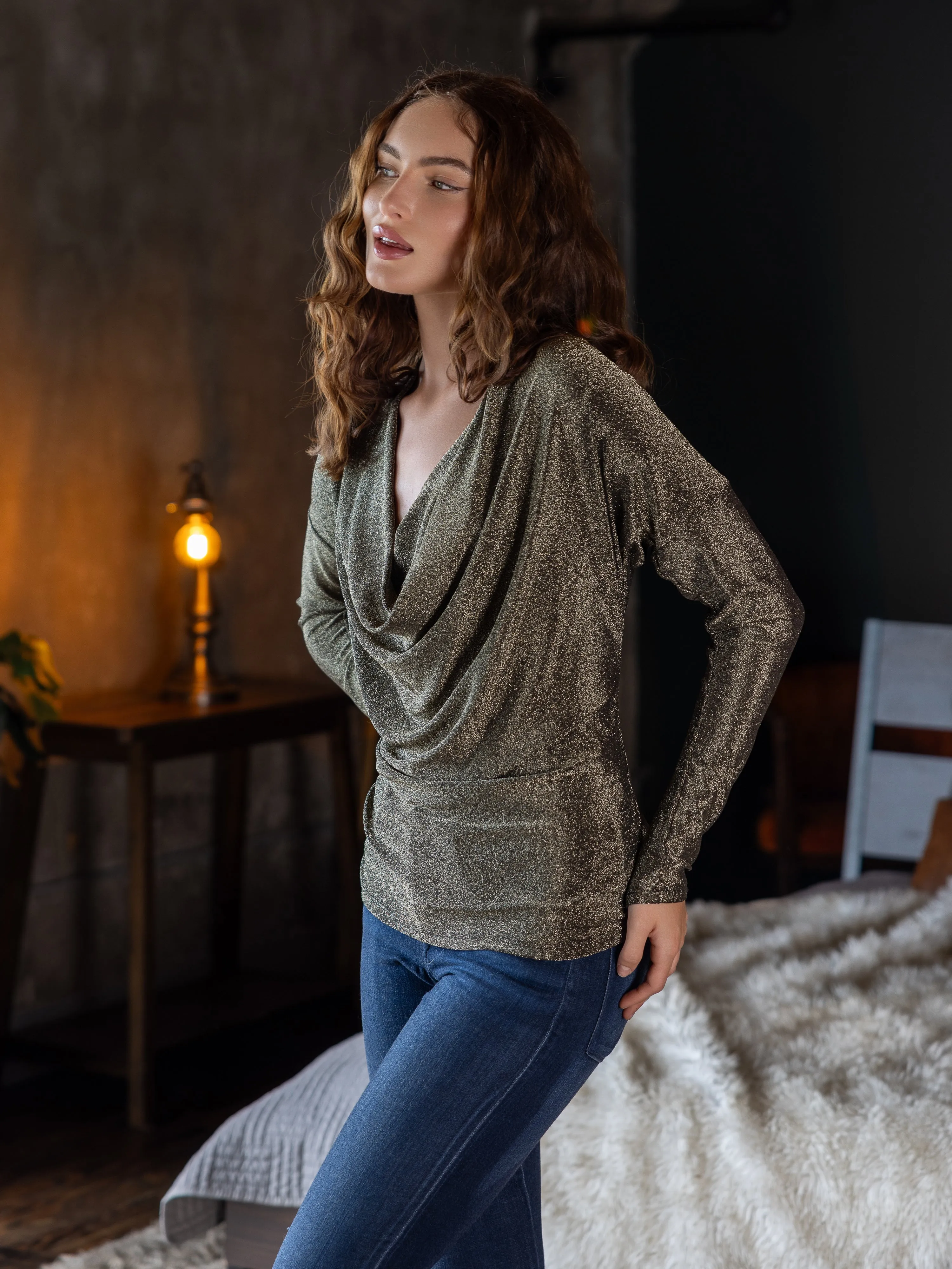 Cowl Neck Long Sleeve Shimmery Fabric Top