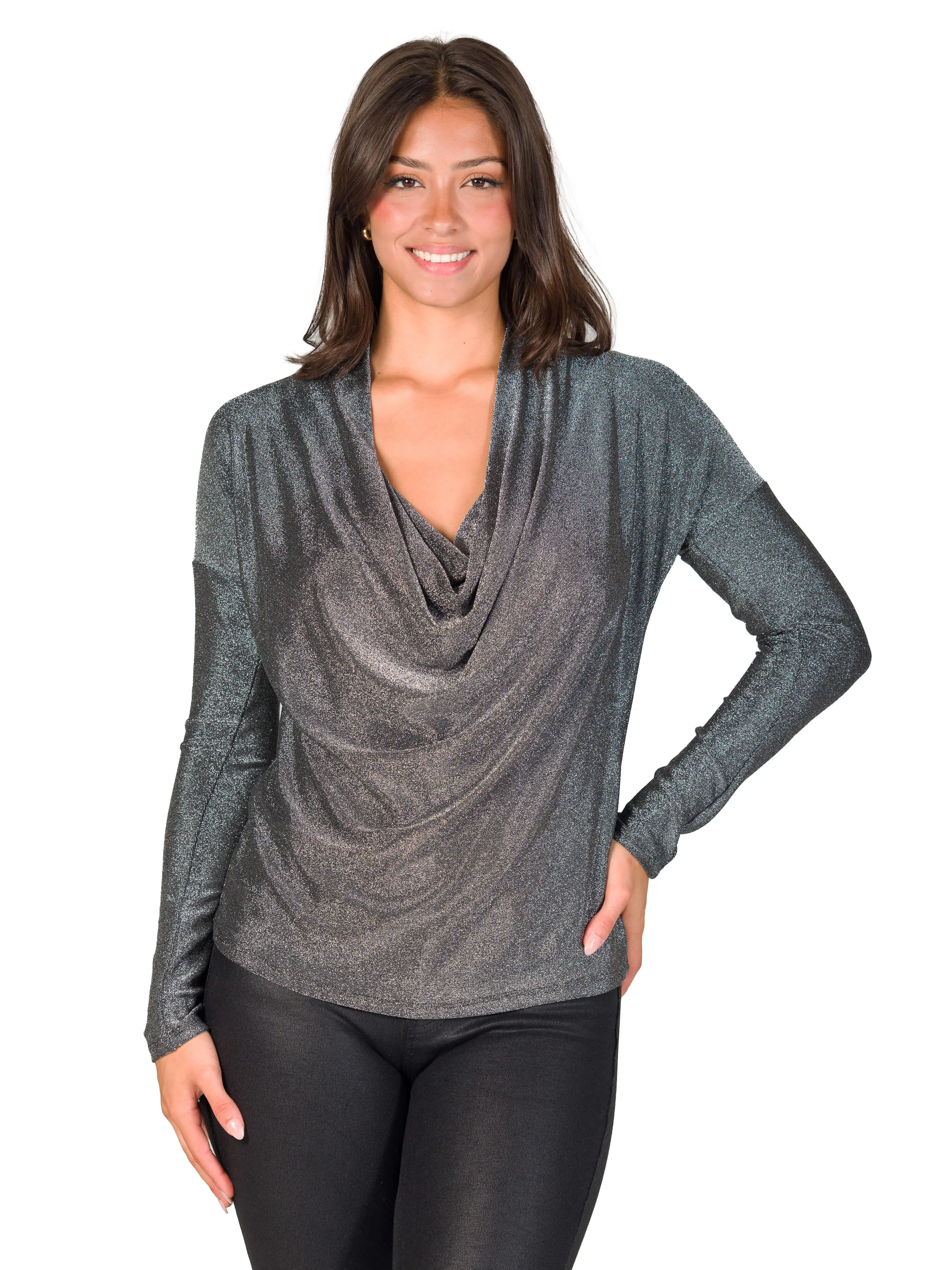 Cowl Neck Long Sleeve Shimmery Fabric Top