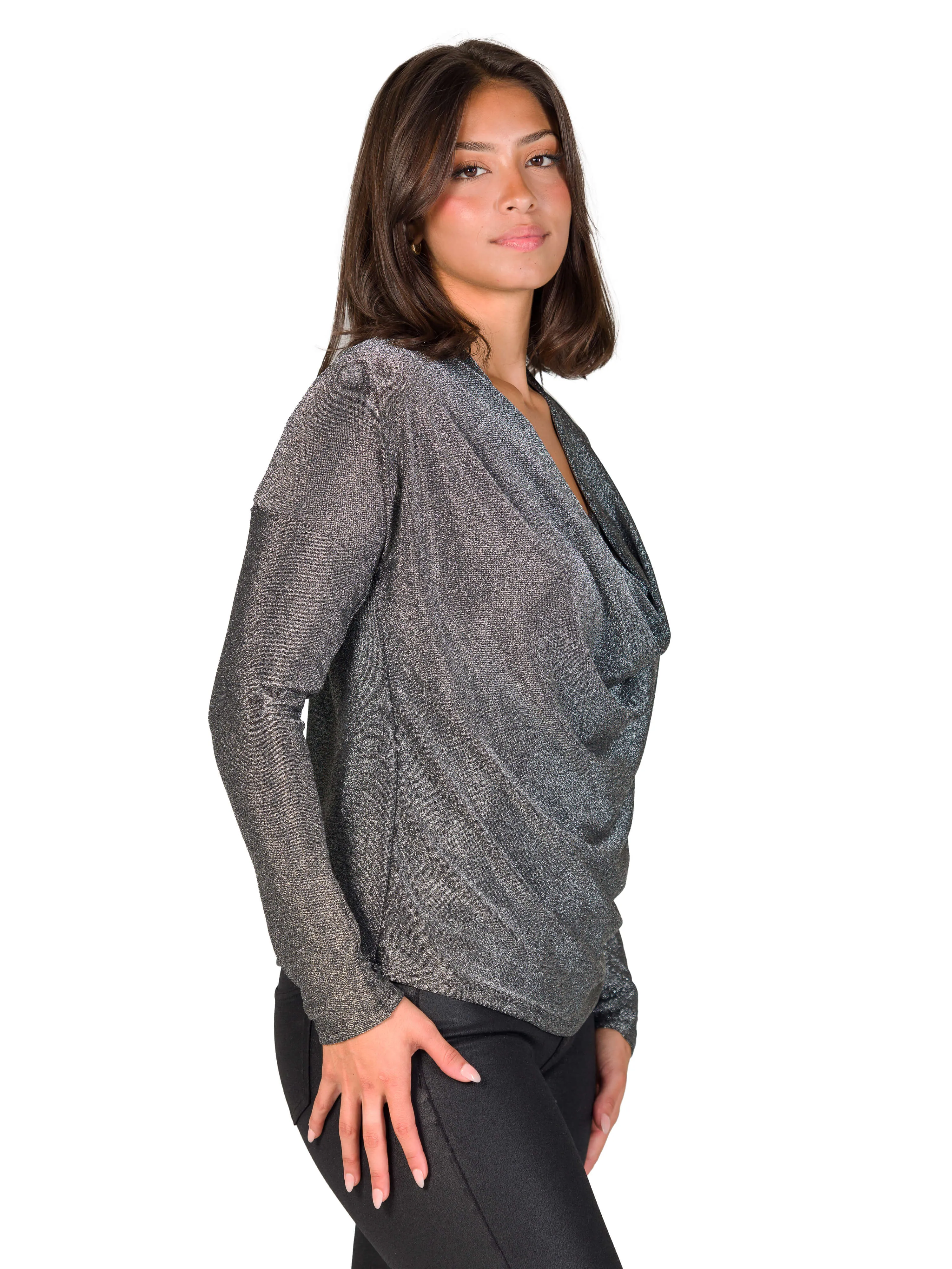 Cowl Neck Long Sleeve Shimmery Fabric Top