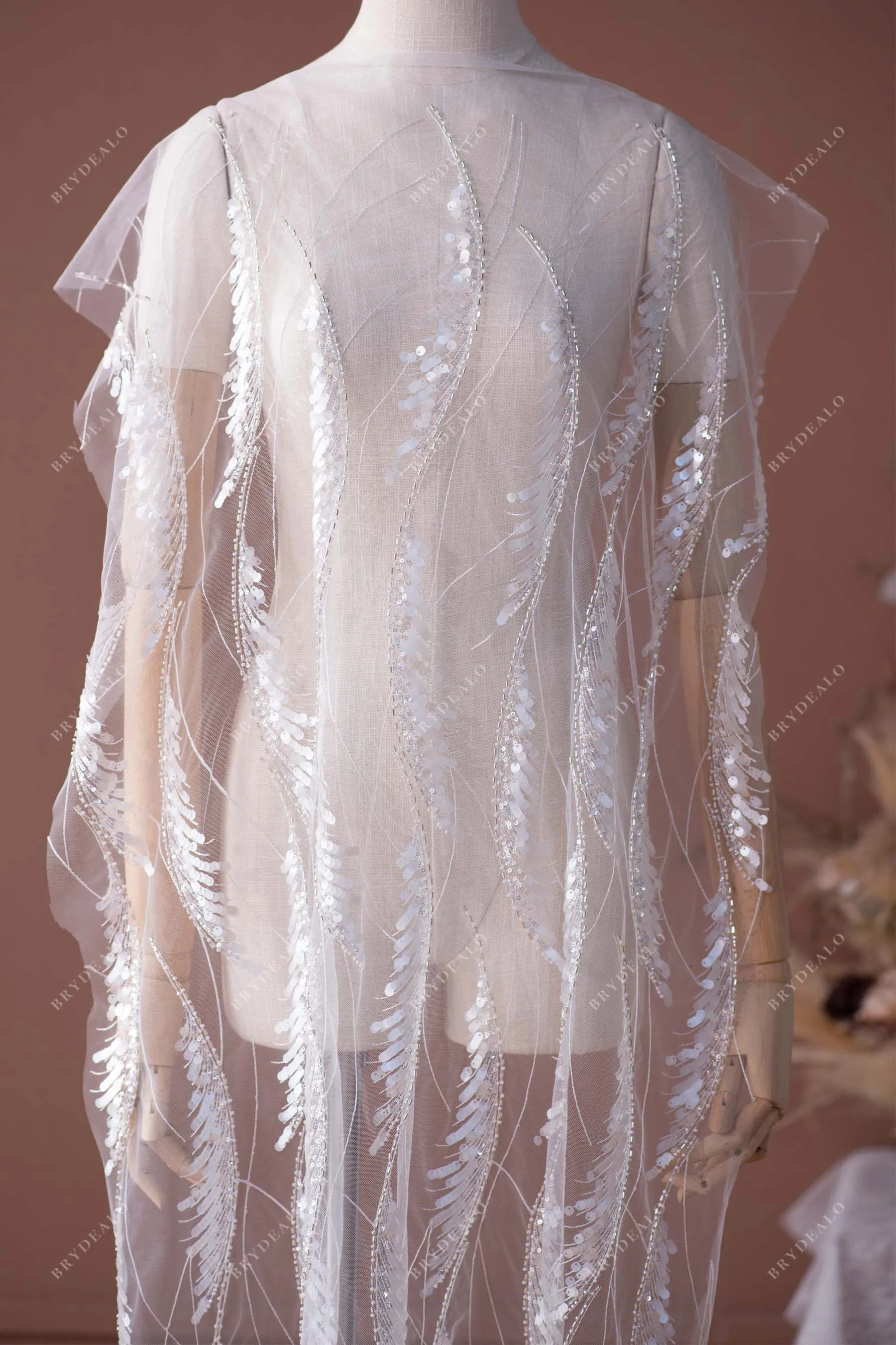 Cream Sequined Wave Pattern Bridal Lace Fabric