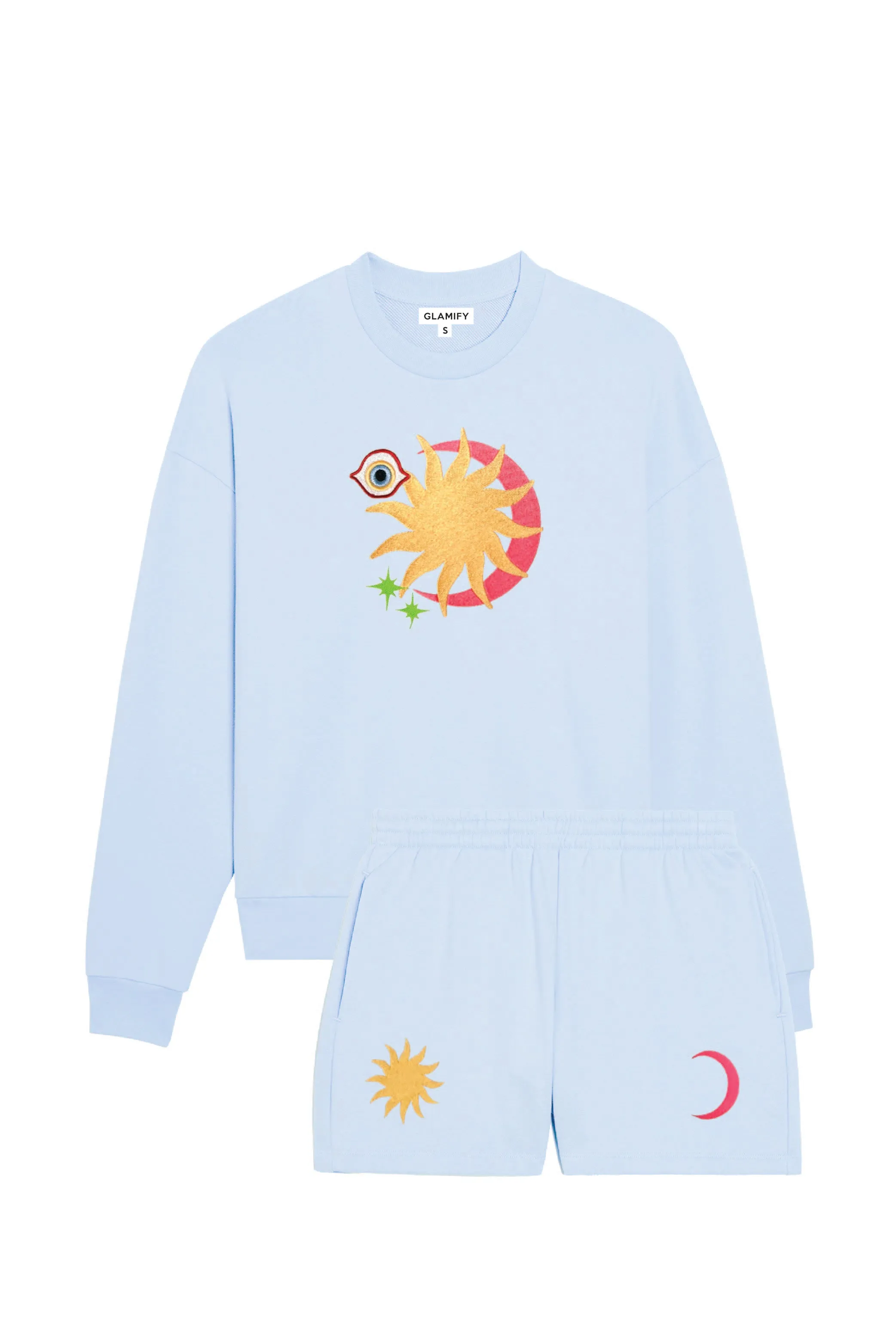 Cresent sun baby blue embroidered sweater shorts loungewear