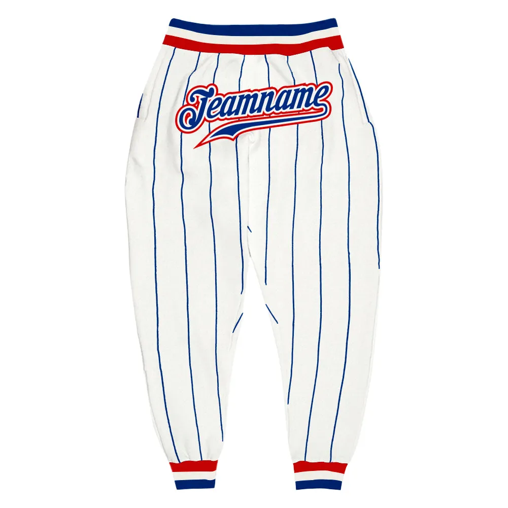 Custom White Royal Pinstripe Royal-Red Sports Pants