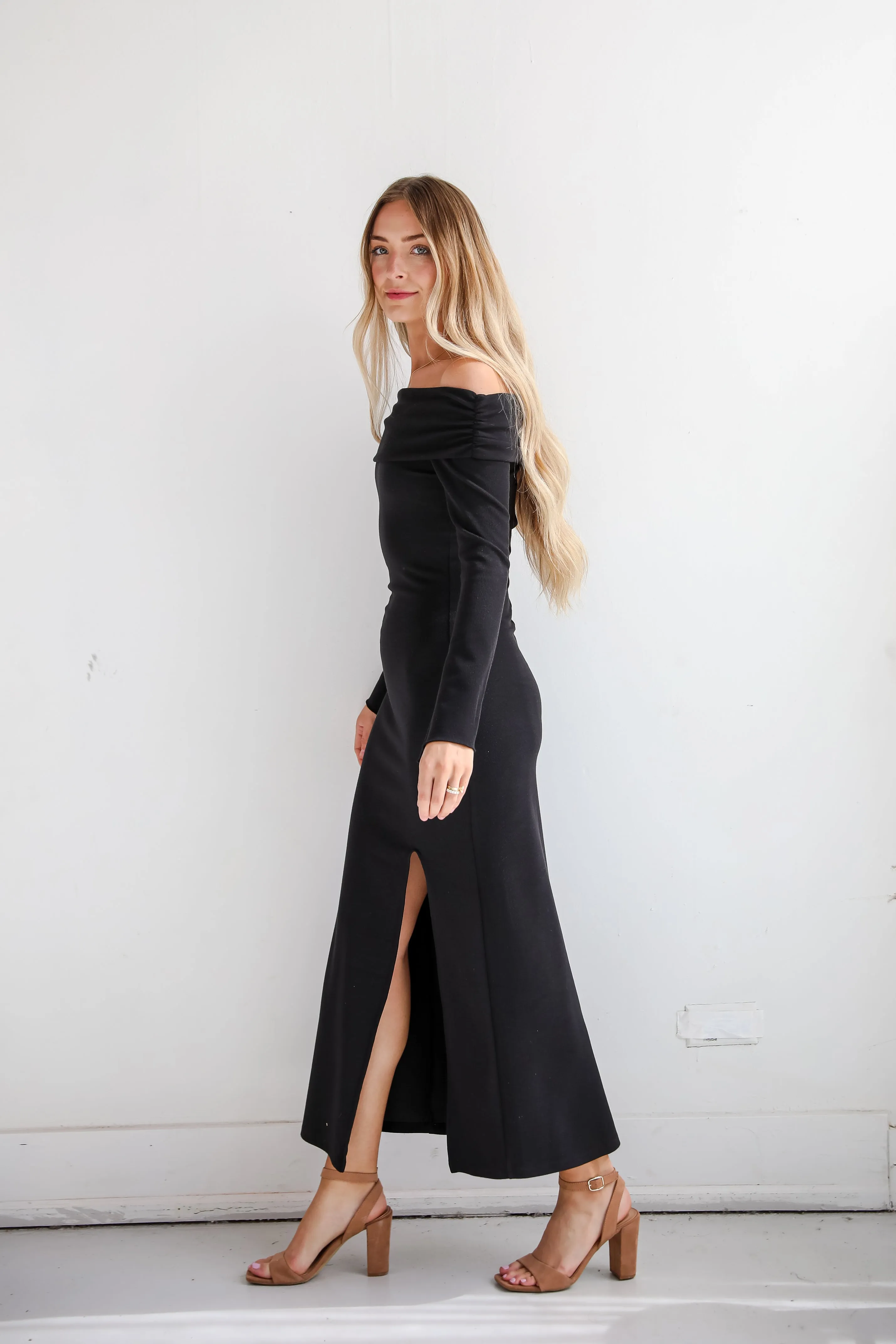 Decadent Evening Black Knit Off-The-Shoulder Maxi Dress