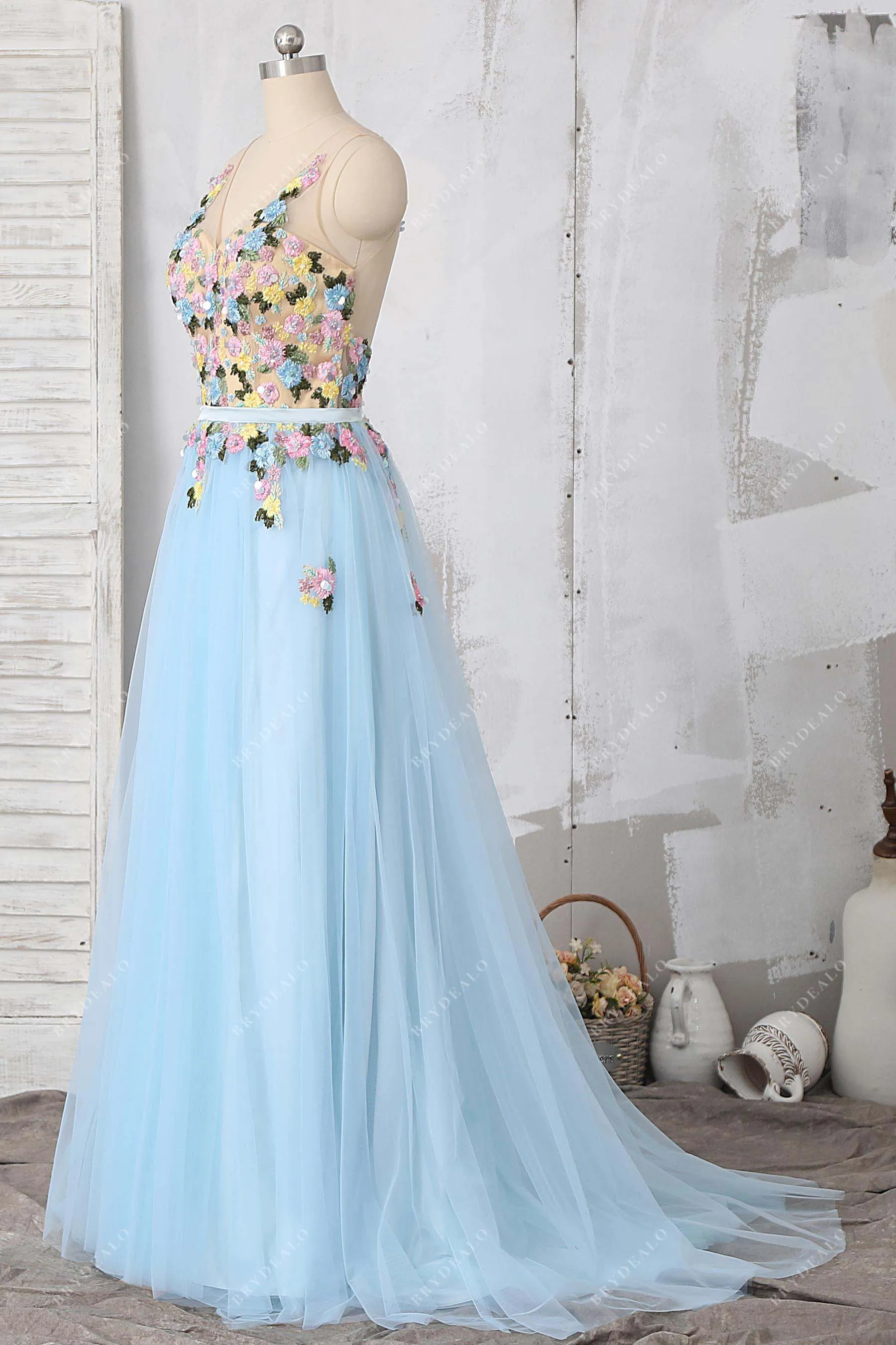 Delicate 3D Flowers Baby Blue Tulle Prom Dress