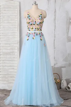 Delicate 3D Flowers Baby Blue Tulle Prom Dress